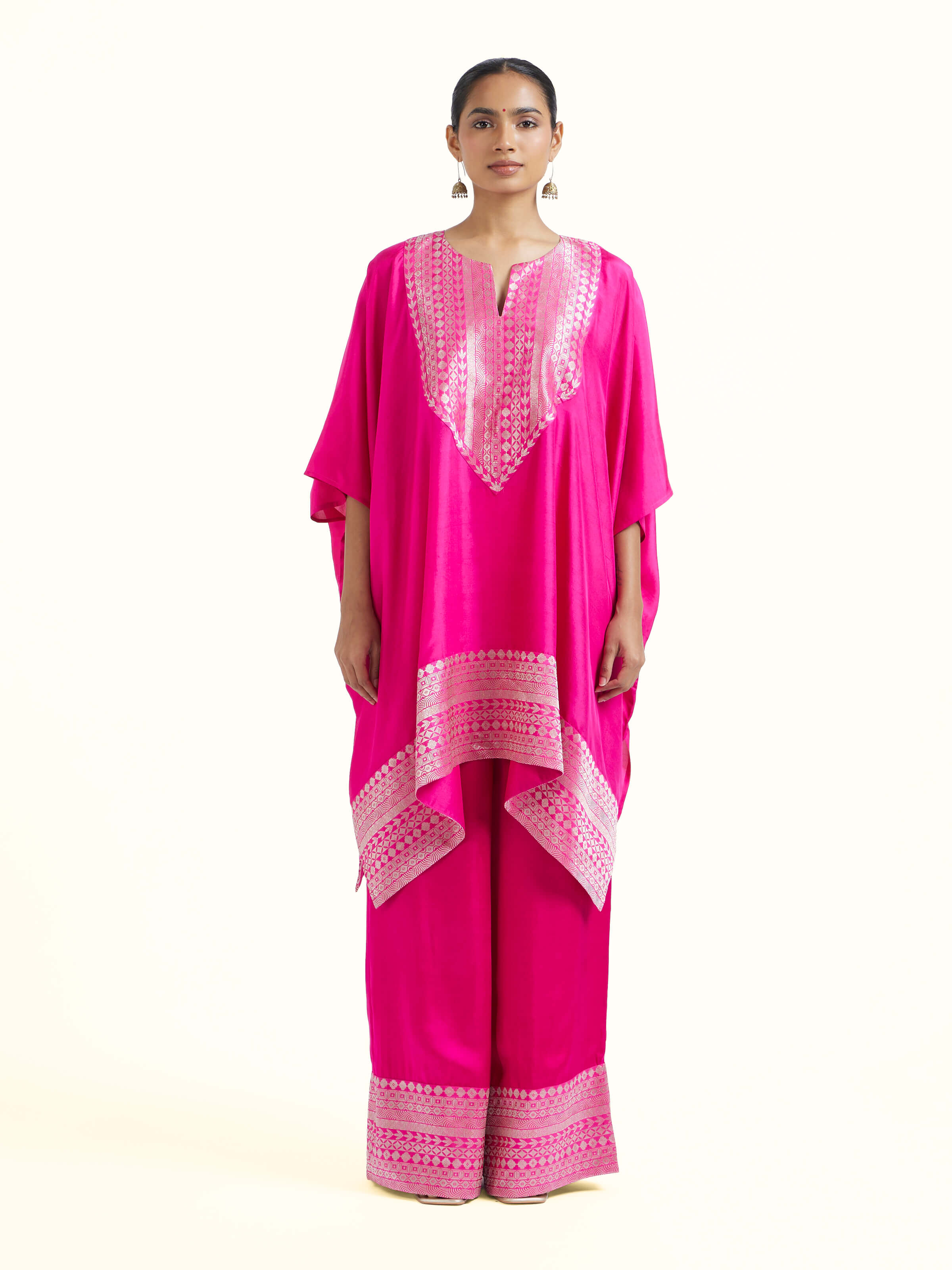 Front view of pink silk Banarasi co-ord set with brocade detailing