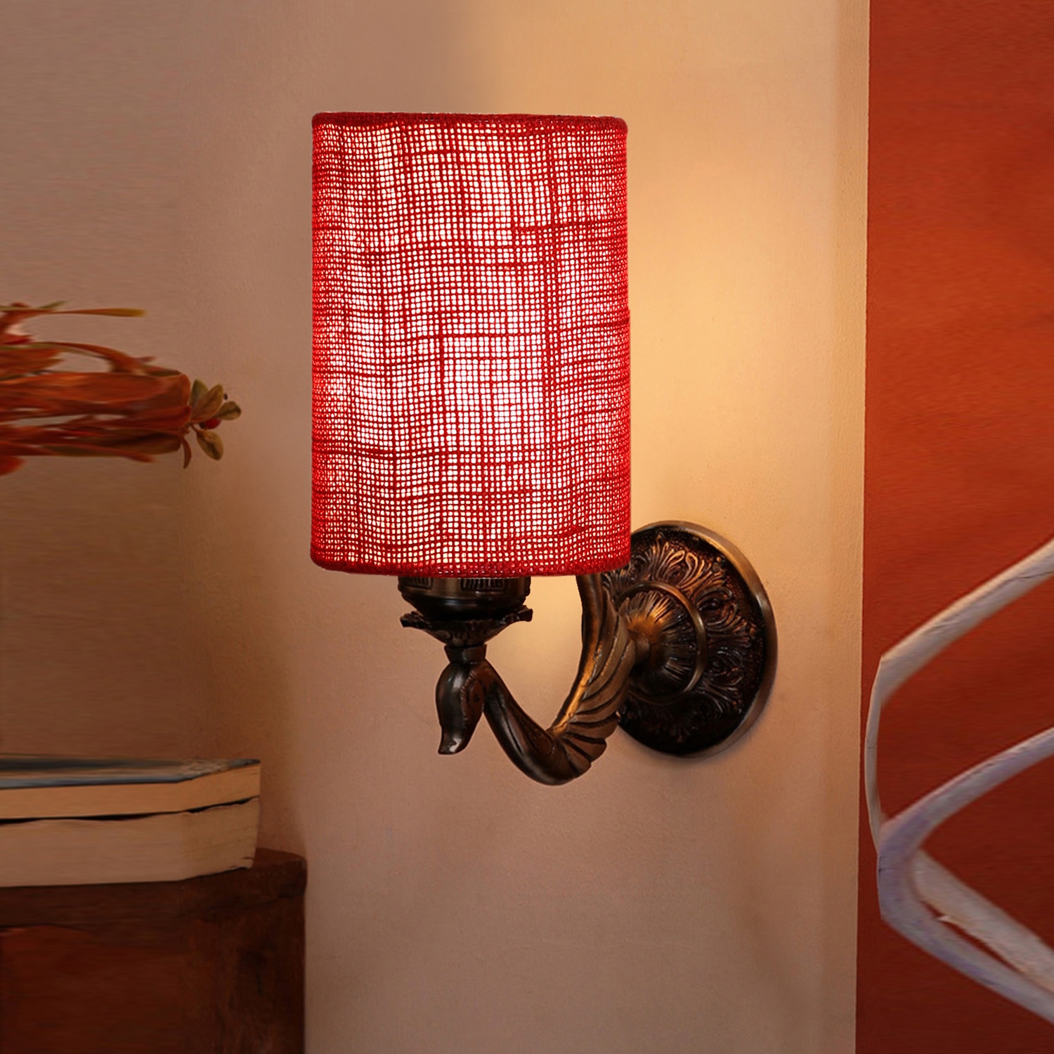 Devansh Metal Electric Wall Light in Antique Gold Colour with Maroon Shade Count of 1 Light - Devansh