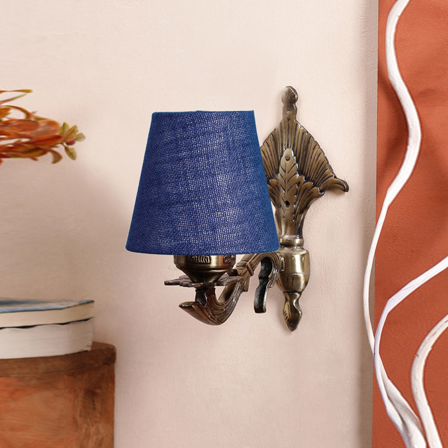 Devansh Metal Electric Wall Light in Antique Gold Colour with Blue Shade Count of 1 Light - Devansh