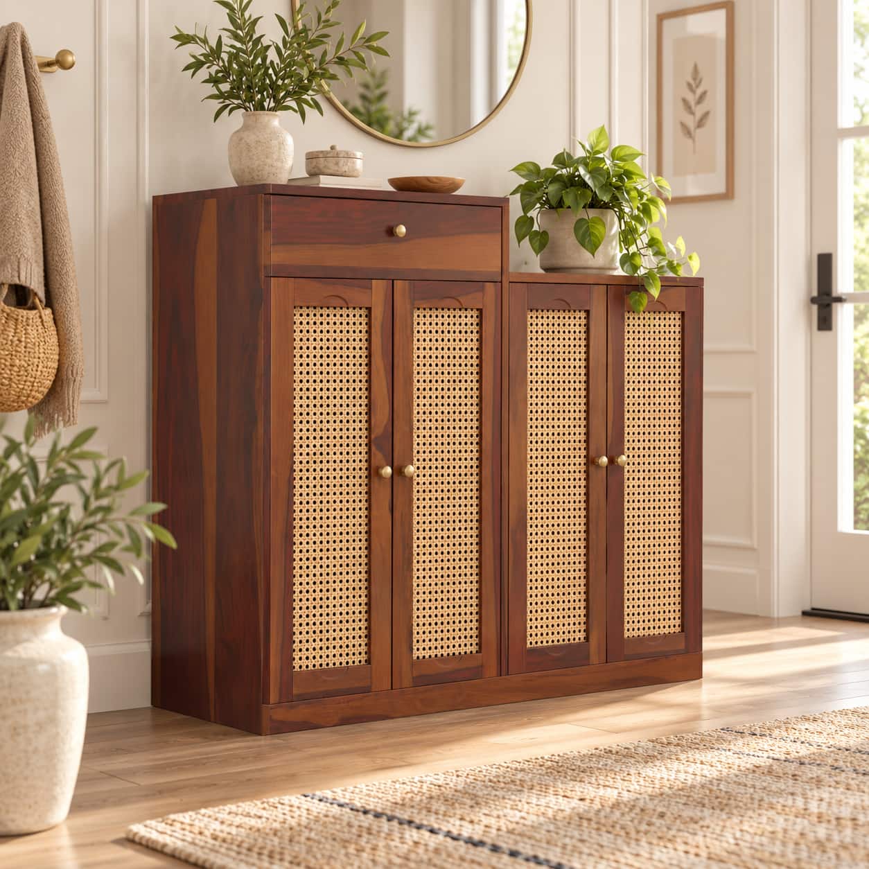 Danta Sheesham Wood 4 Door 1 Drawer Cabinet In Provincial Teak Finish with Rattan Door