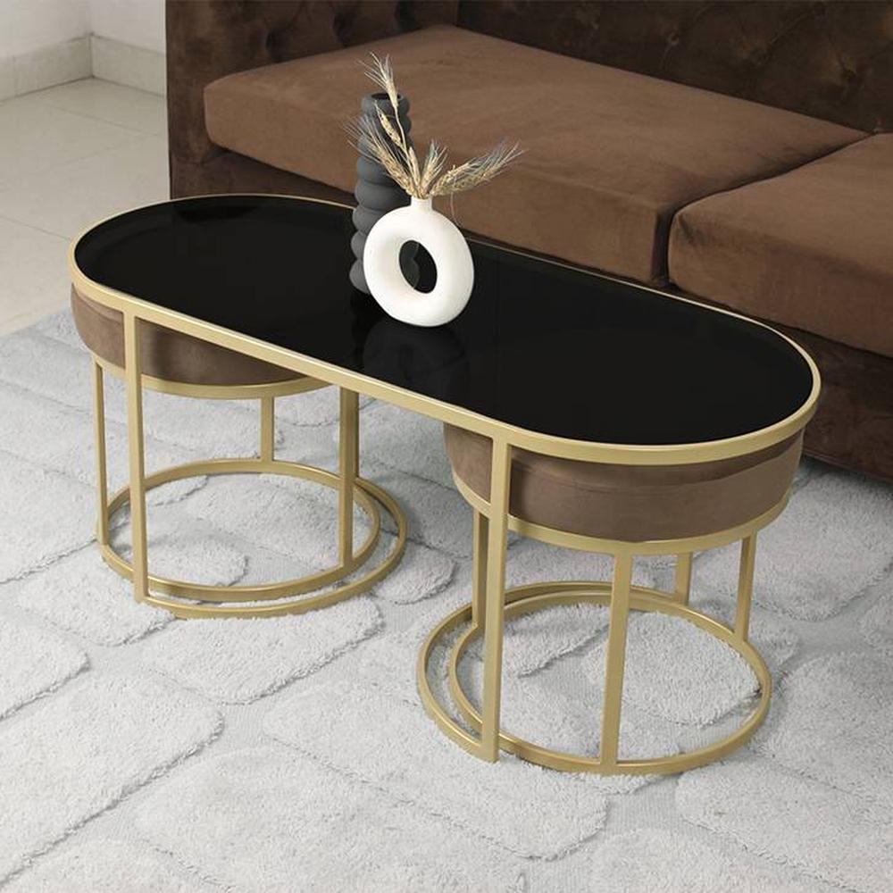 Benton Nesting Black Glass Coffee Table Set With 2 Stools In Gold Finish