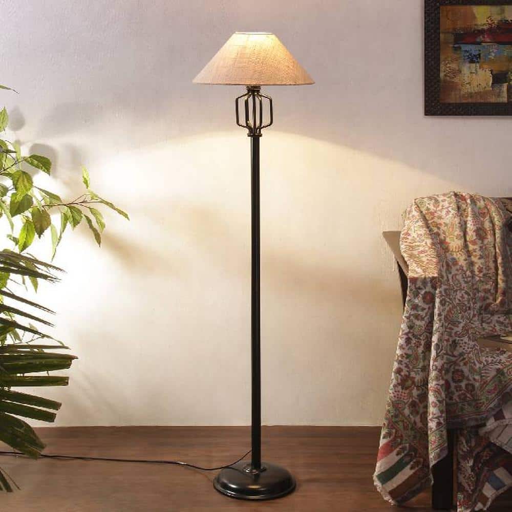 Magnolia White Natural Fiber Floor Lamp with Black Iron Base