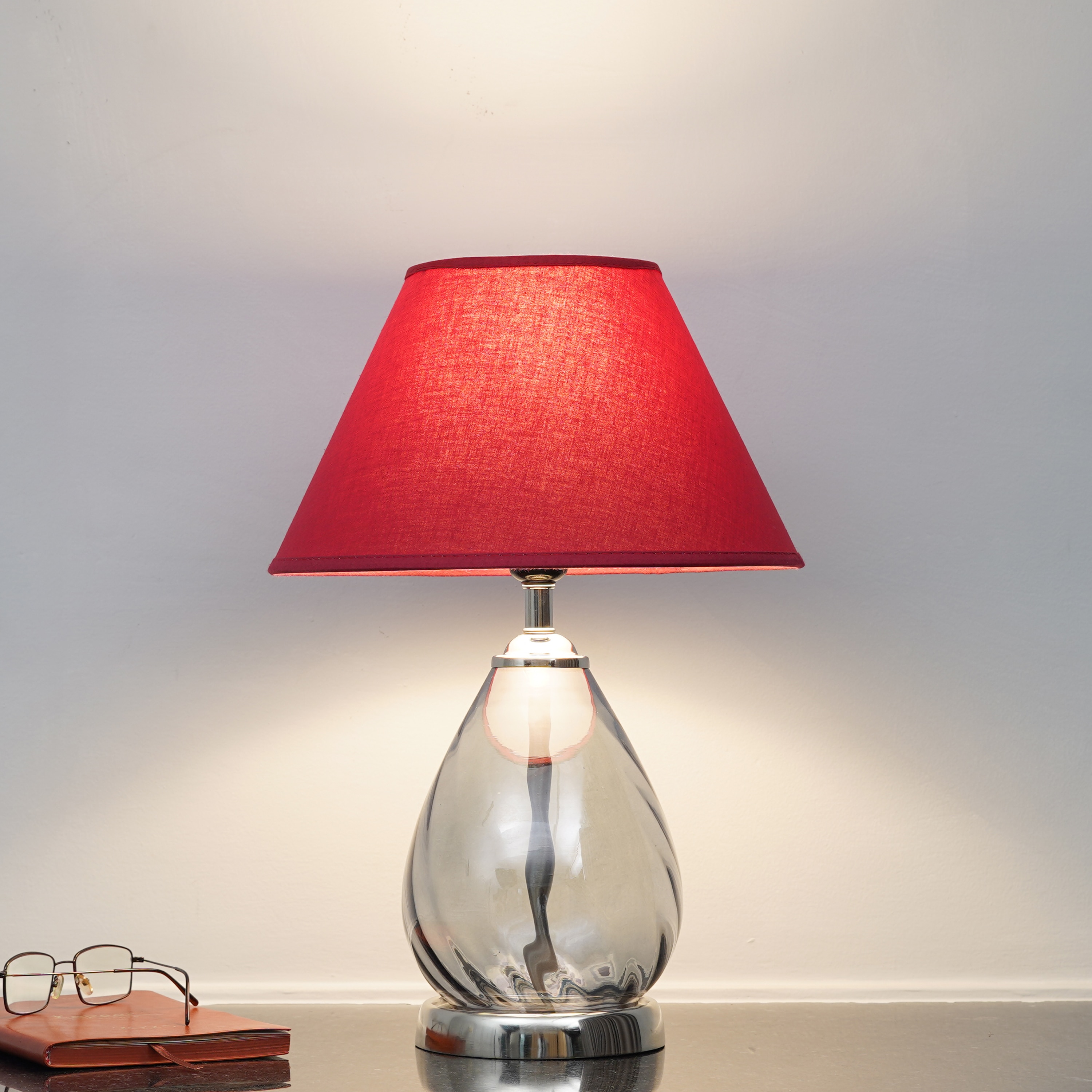 DECADE Blue Luster Glass and Metal Table Lamp With Maroon Cotton Shade - Kapoor Lamp Shades