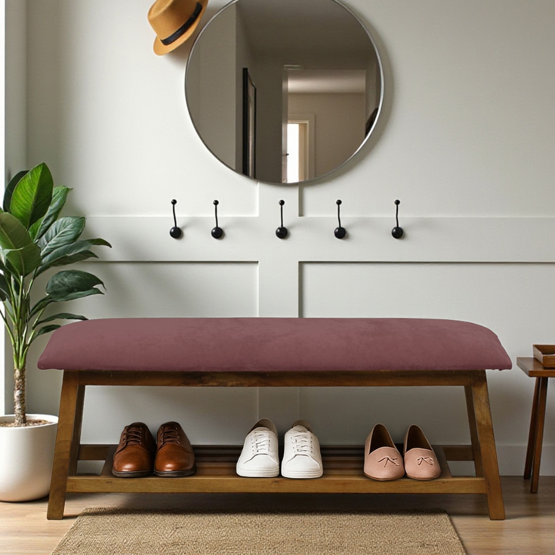 Svolvær Solid Wood Shoe Rack with Seating in Walnut Brown finish - Bene Decor