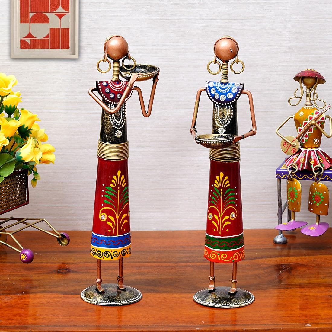Desert Art Metal Handpainted Rural Lady Showpiece Set of 2 in Red Colour - Desert Art