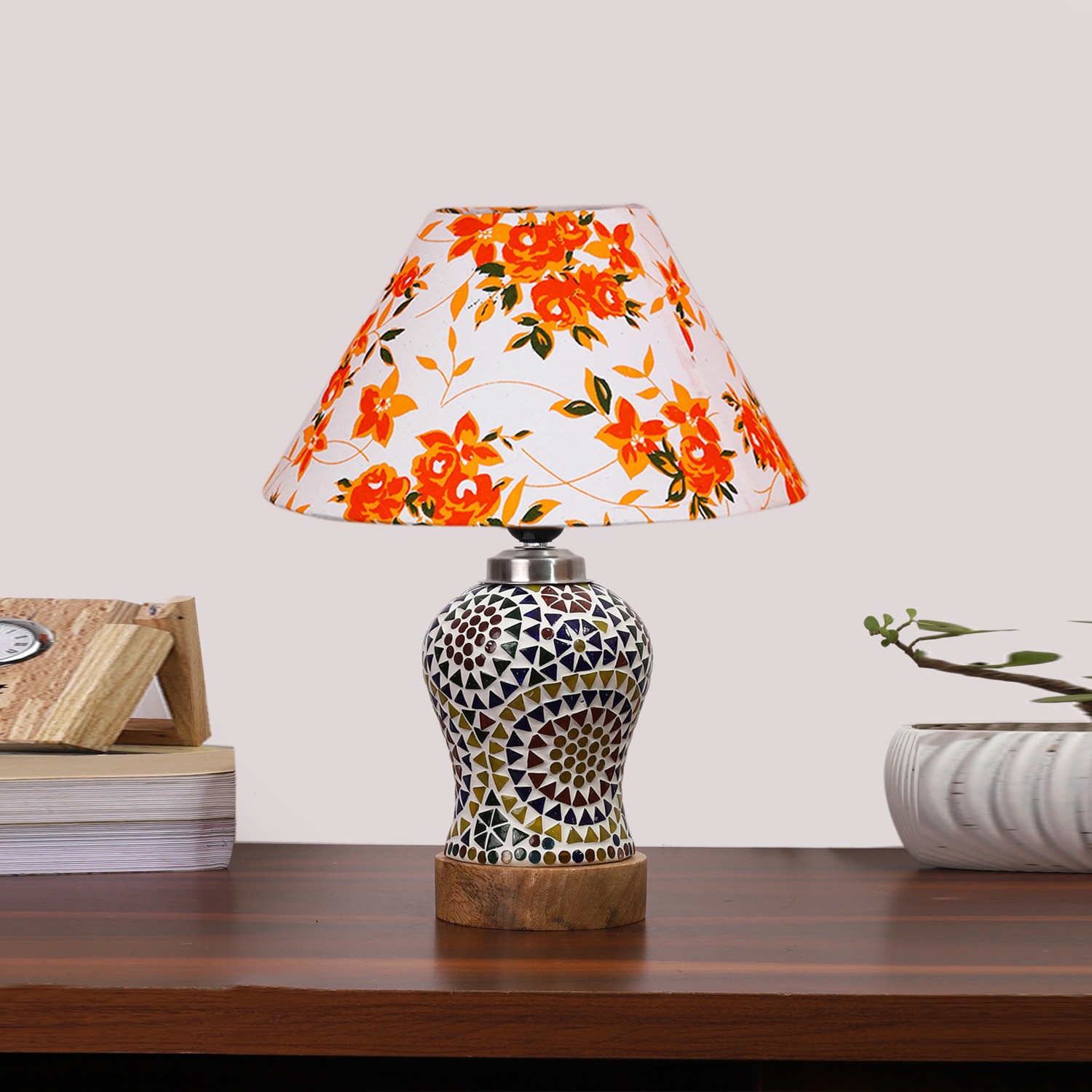 Devansh Conical Multi Cotton Shade Lamp With Wood & Mosaic Glass Base For Decoration/Office/Home/Gifting/Study For Decoration/Office/Home/Gifting/Study -(10X10X14.5) Inches -A - Devansh