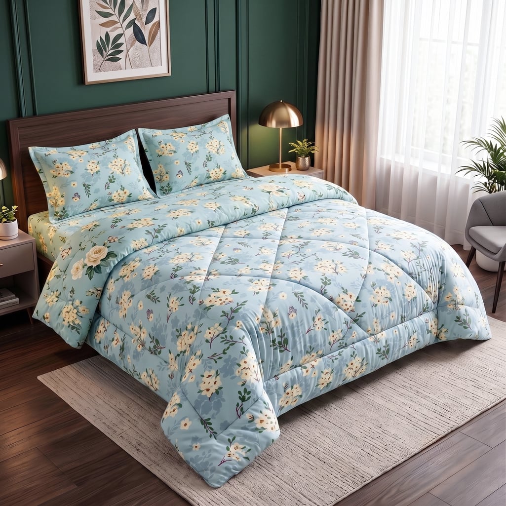 Green Floral 4 Pcs Comforter Set With Queen Size Bedsheet With 2 Pillow Covers