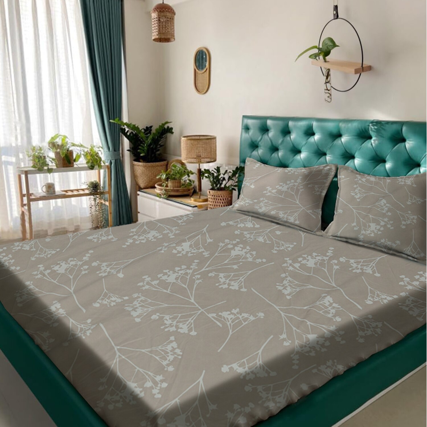 Beige Floral 180 TC Fitted 1 King  Bedsheet with 2 Pillow Covers