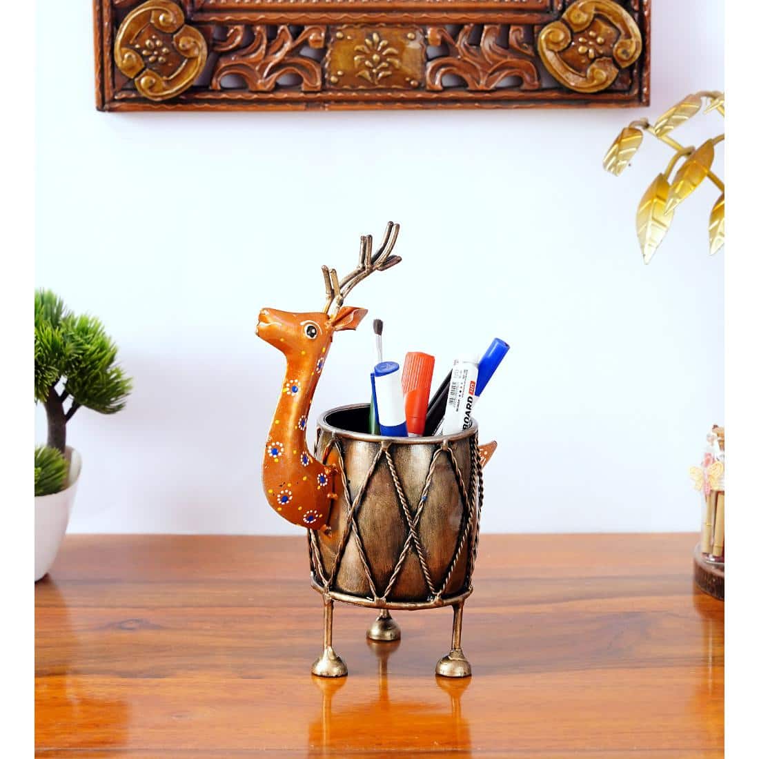 Desert Art Metal Handpainted Yellow Deer Pen Stand - Desert Art