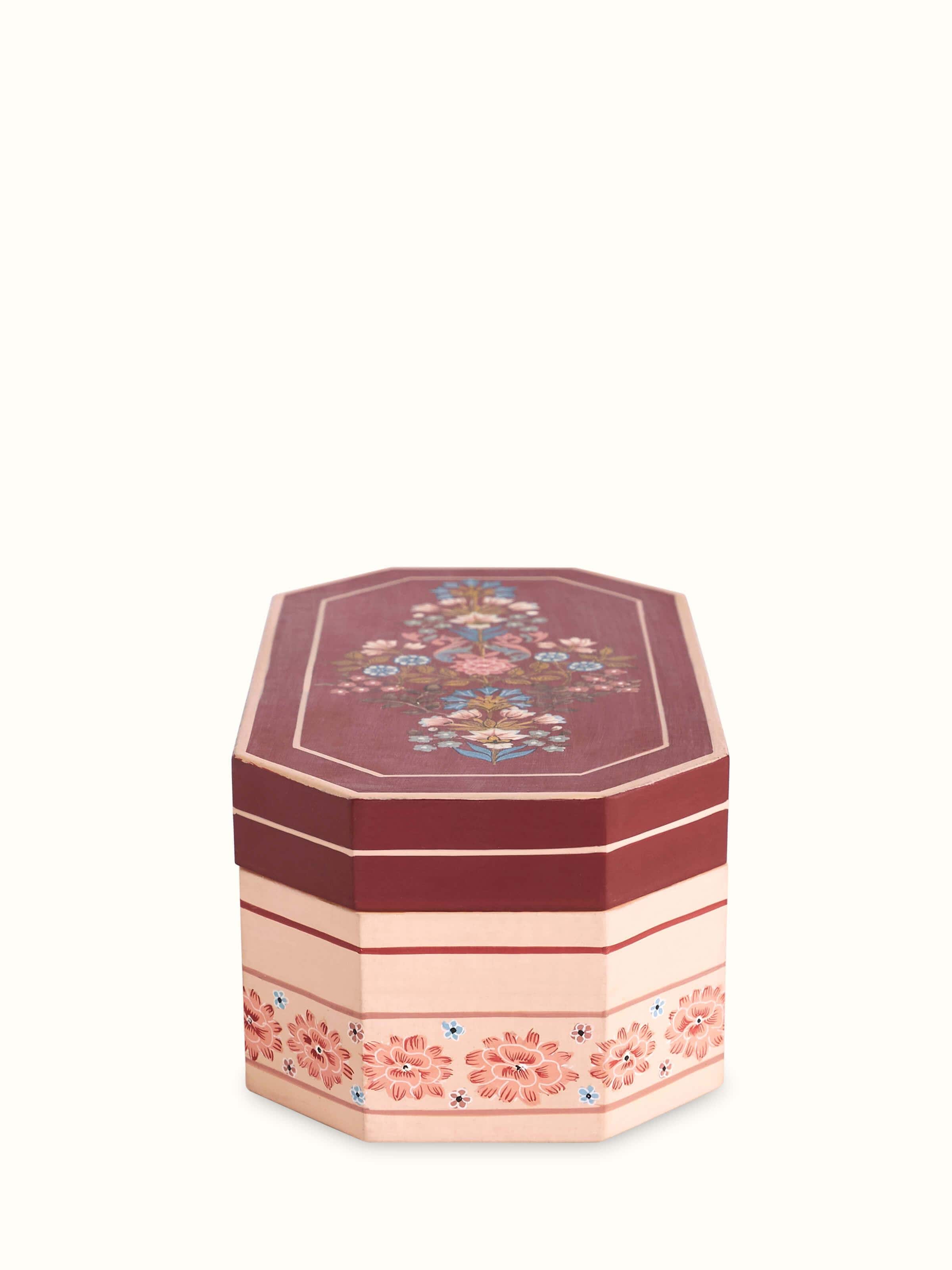 Full view of the marquetry papier-mache and wood decorative container, emphasizing the overall design and decorative elements.
