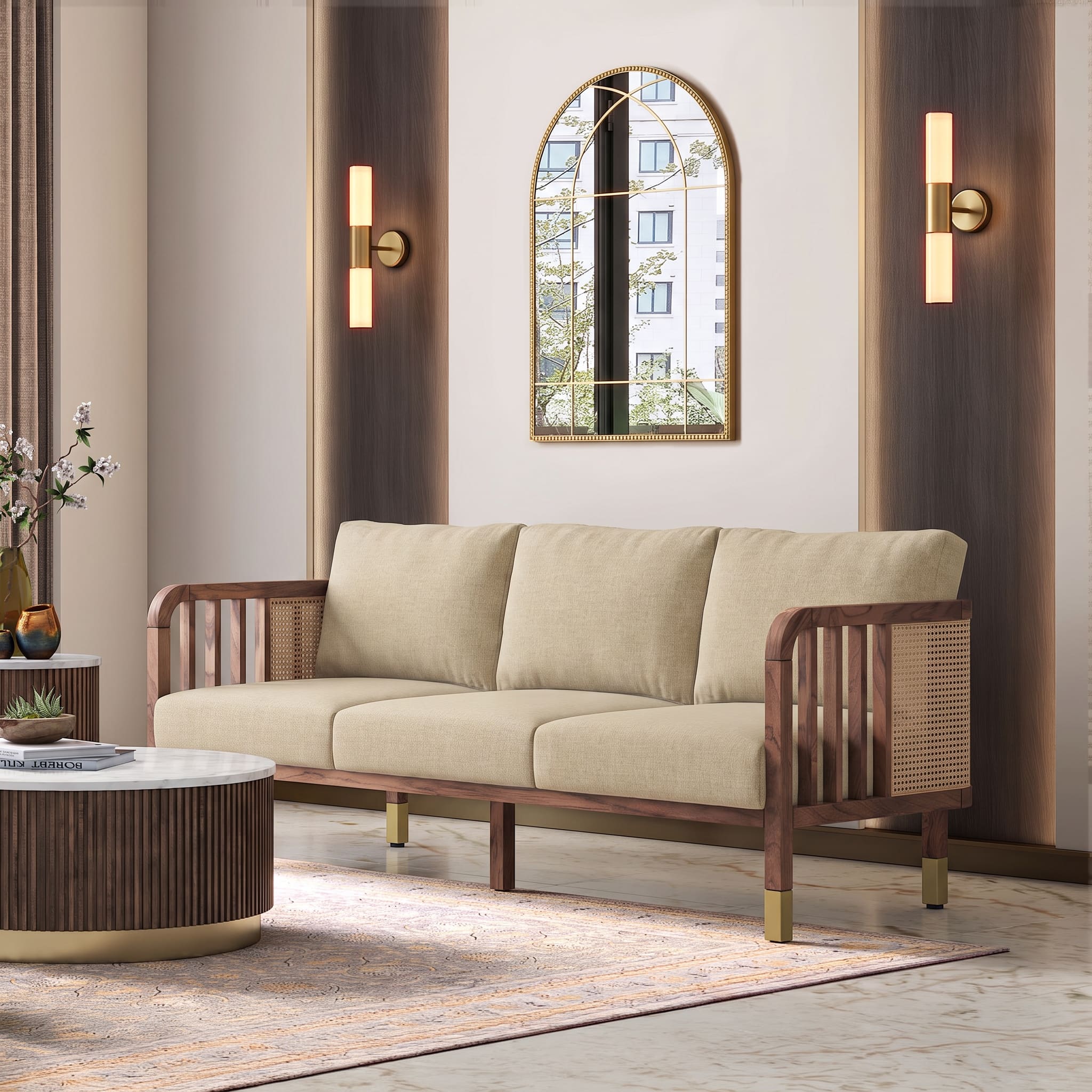 Taran 3 Seater Teak Wood Sofa in Almond Beige Fabric in Sienna Teak finish