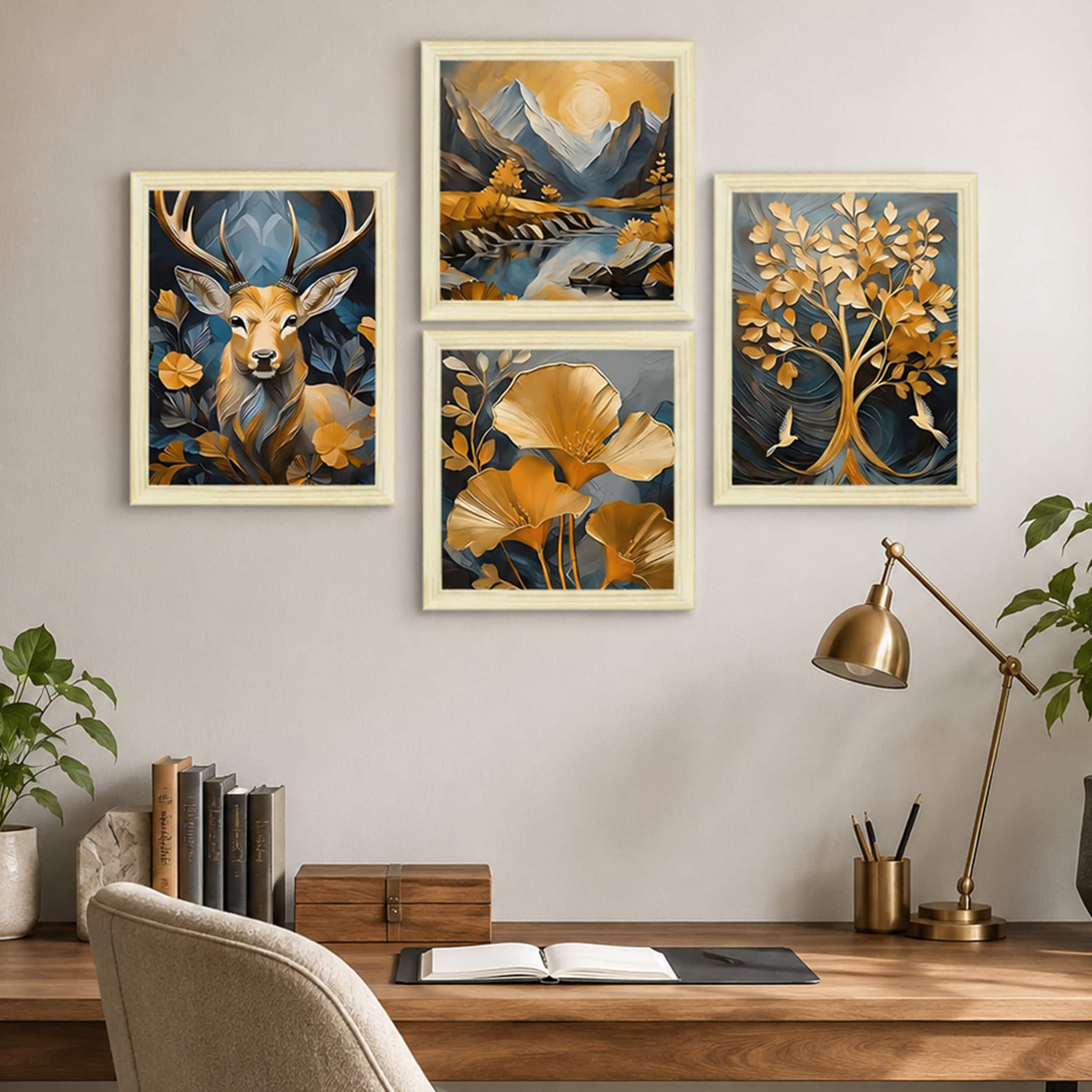 The Castle Decor Golden Deer Sunrise Wall Art Set of 4 - The Castle Decor