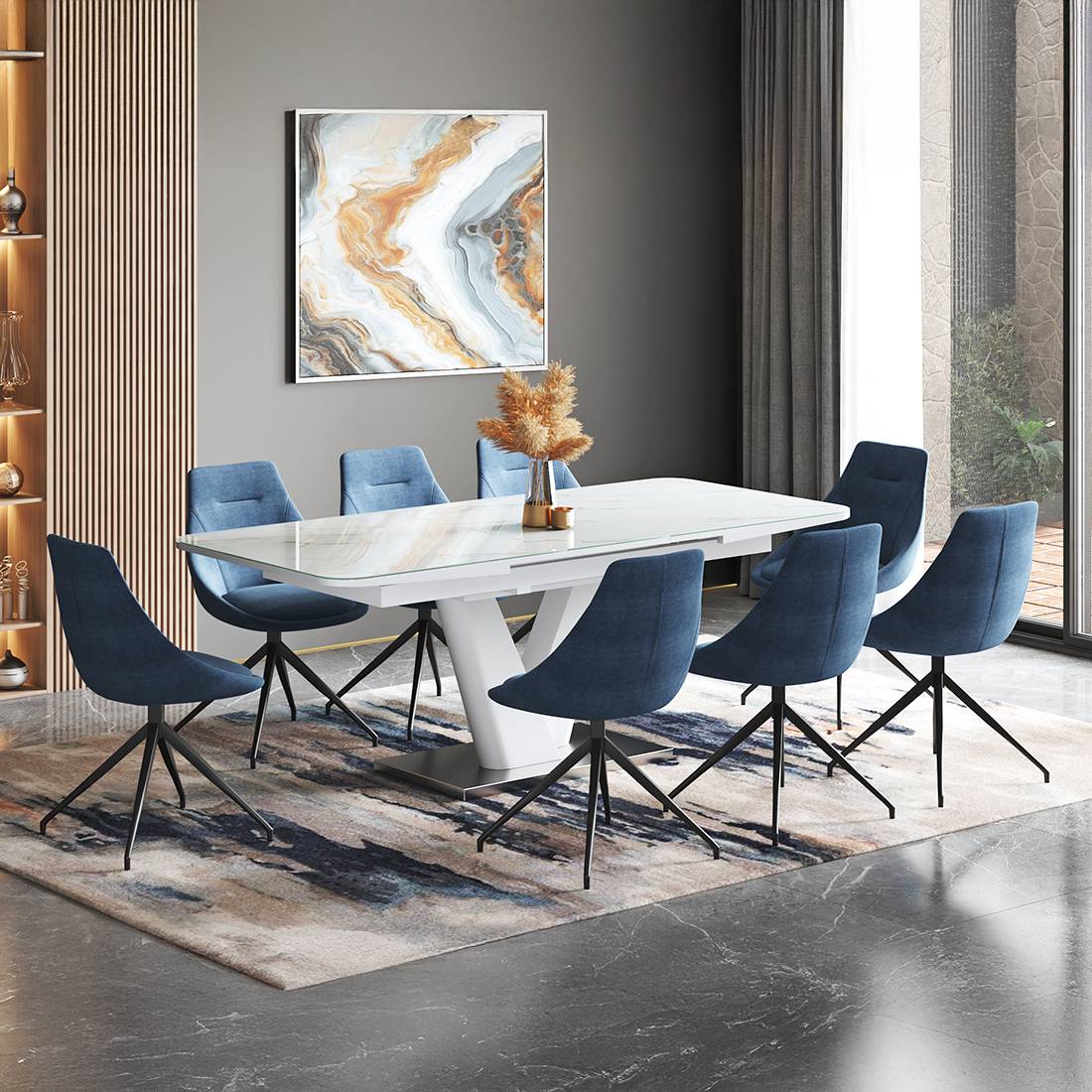 Caribu 6 To 8 Extendable Dining Table With Set Of 8 Doris Swivel Accent Chairs (Colour- Blue, Finish- White High Gloss)