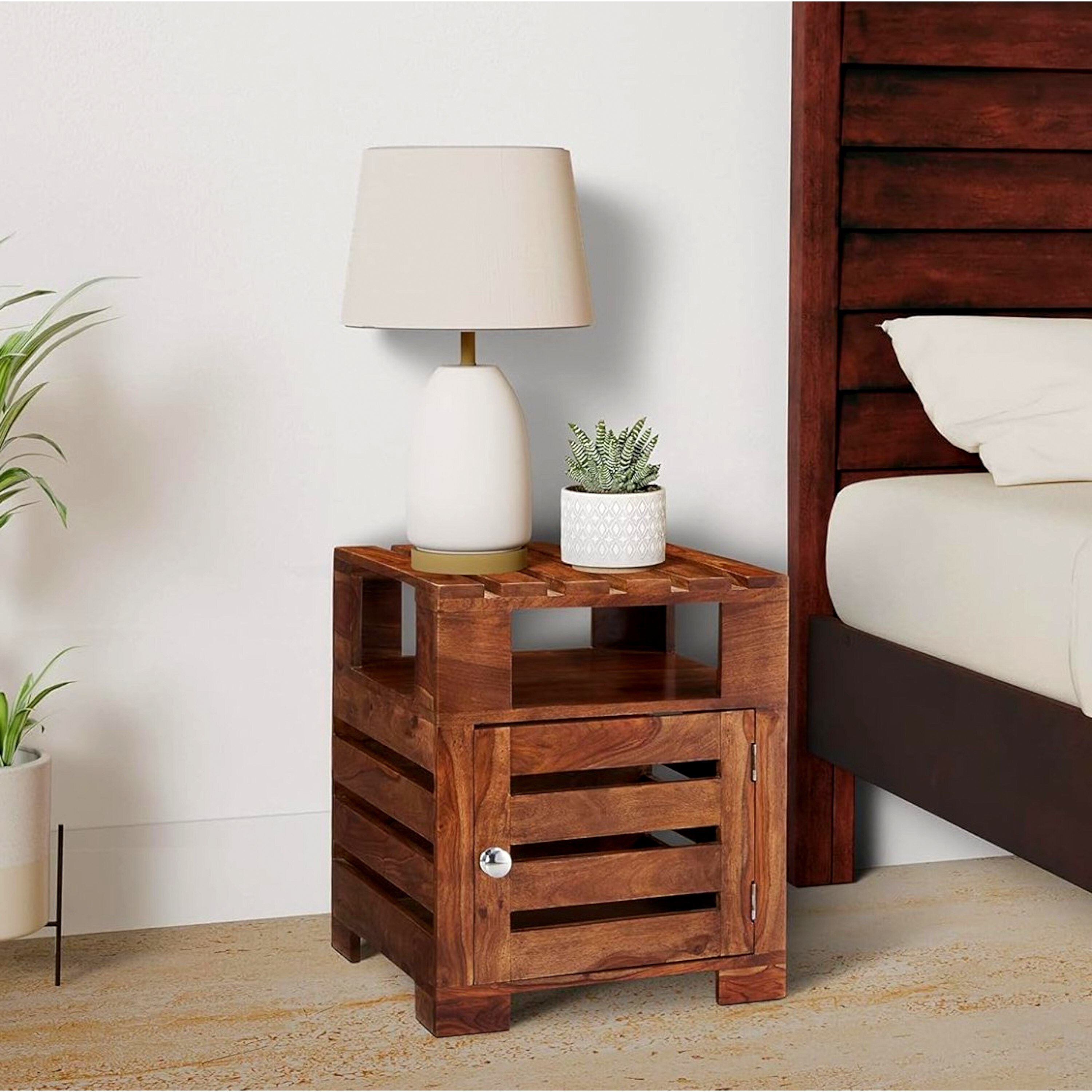 Harvey Sheesham Wood Contemporary Bedside Table End Table In Natural Teak Finish