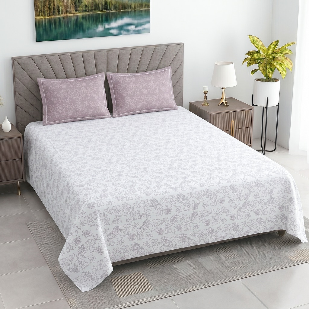 White And Lavender Shade  Floral Cotton 400 Tc Flat  Super King Size Bedsheet With 2 Pillow Covers - Threads