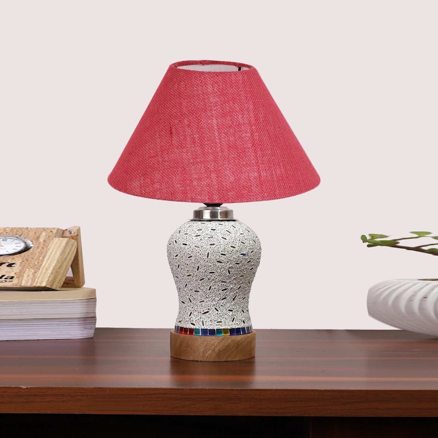 Devansh Conical Pink Jute Shade Lamp With Wood & Mosaic Glass Base For Decoration/Office/Home/Gifting/Study For Decoration/Office/Home/Gifting/Study -(10X10X14.5) Inches -A