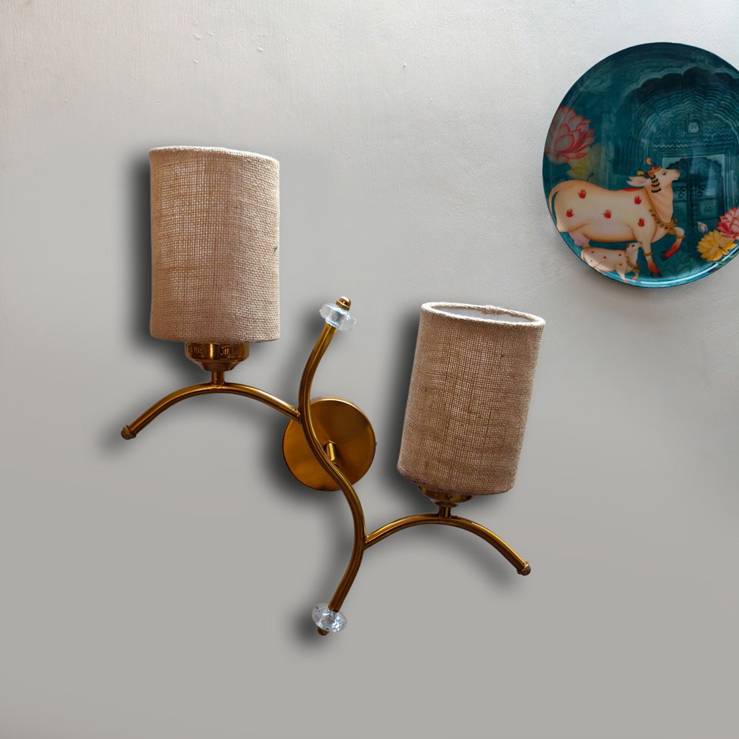 Devansh Metal Electric Wall Light in Gold Colour with Beige Shade Count of 2 Lights - Devansh