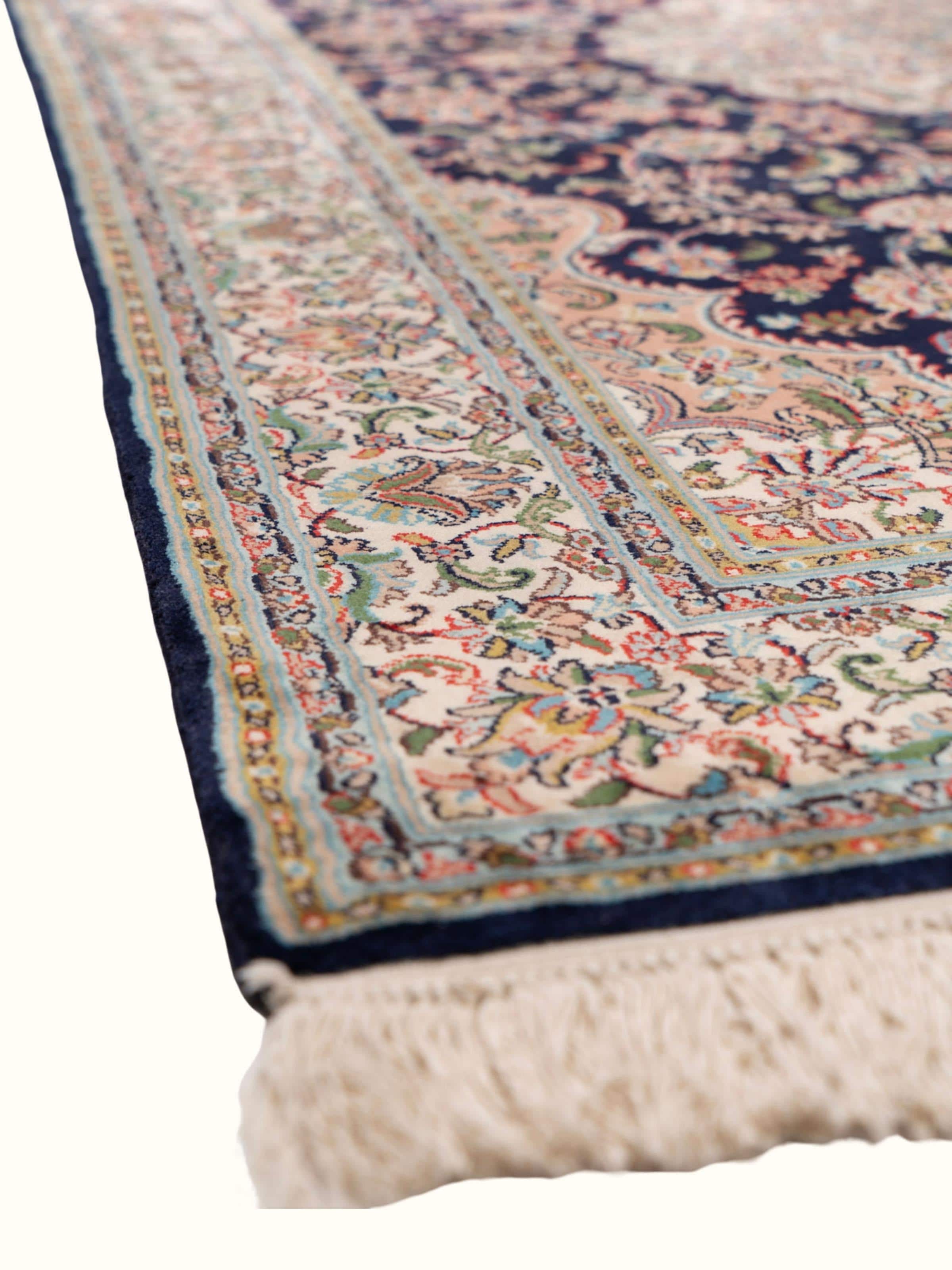 Traditional Persian Navy Blue Kashan Kashmir Silk Hand-Knotted Carpet