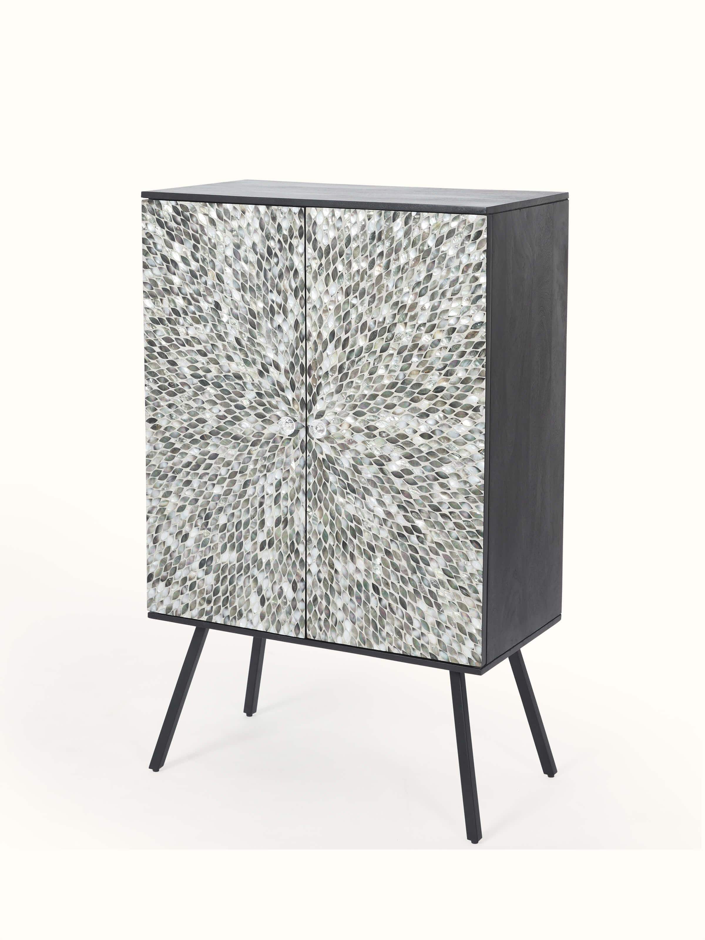 Side view of the mango wood bar cabinet with mother-of-pearl inlay, showing the craftsmanship and decorative patterns