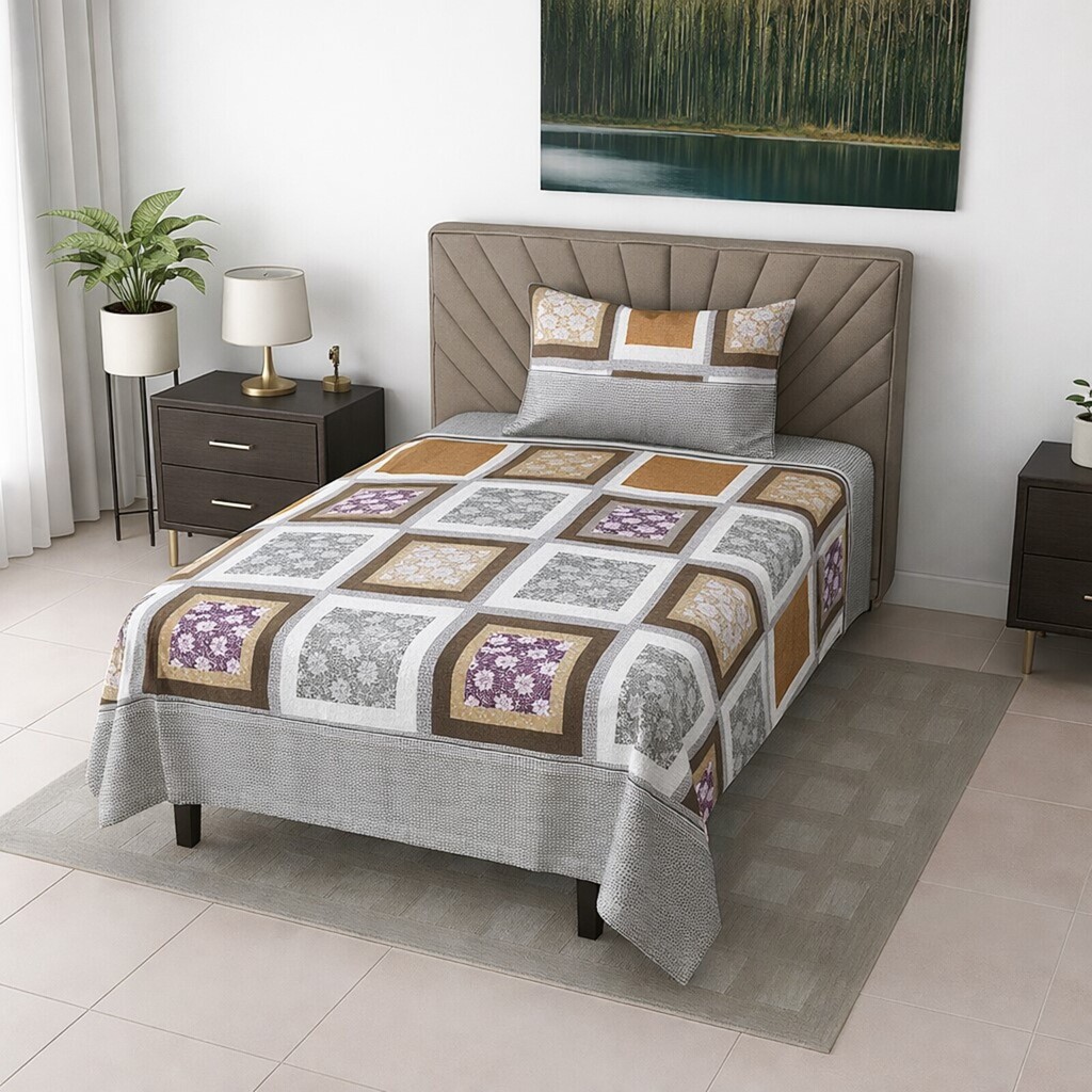 Una Multicolor Geometric 290 TC Cotton Flat Single Size Bedsheet with 1 Pillow Cover – Threads - Threads