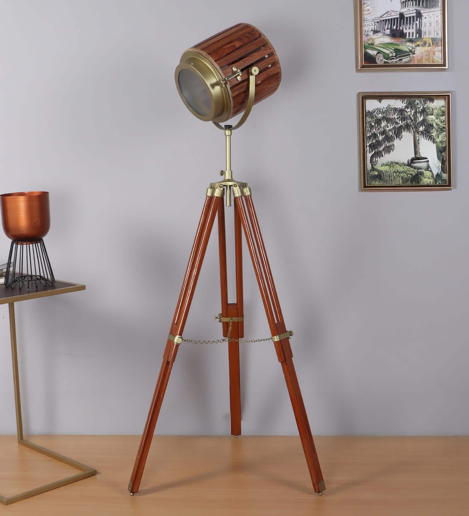 Wooden Spot Light Floor Lamp in Brown Shade