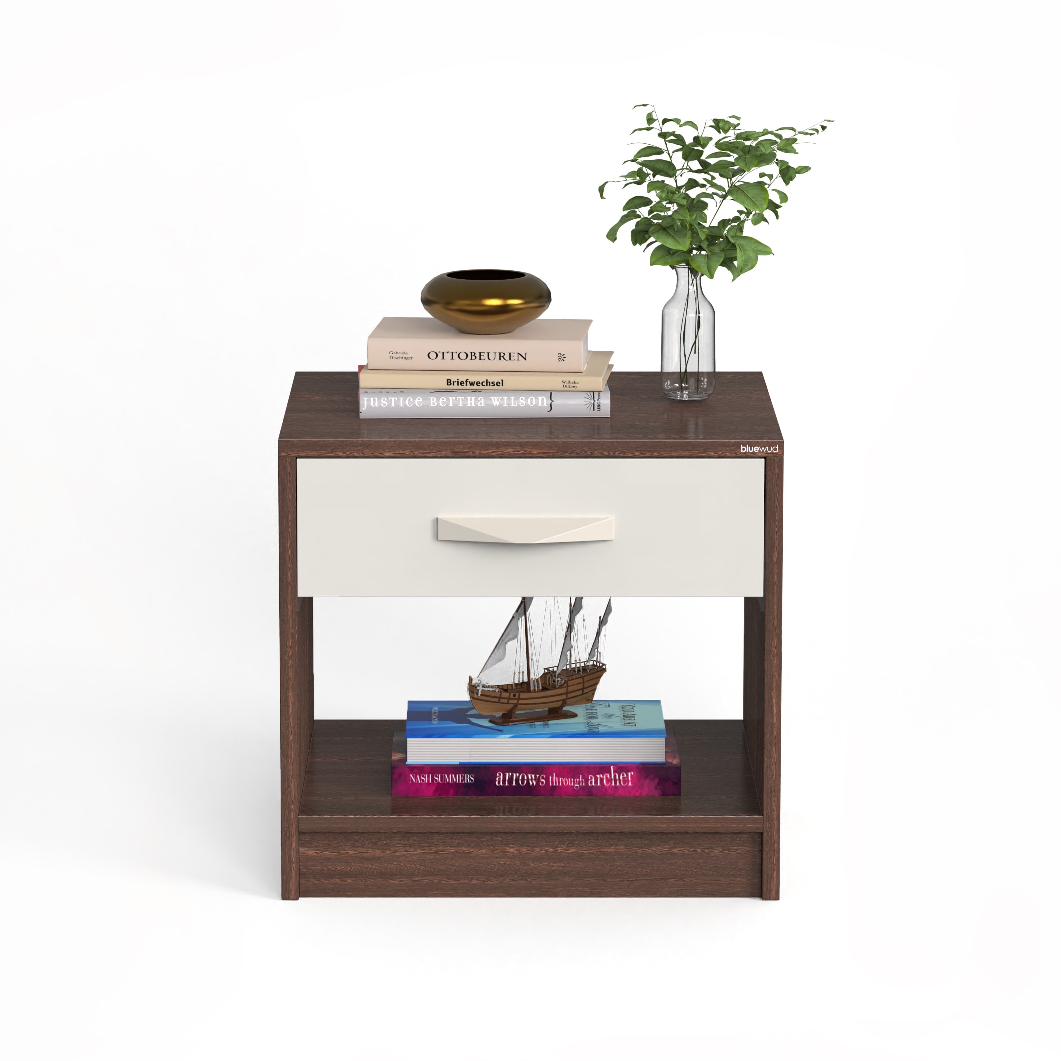 BLUEWUD Oliver Engineered Wood Bed Side Table, End Table with Storage and Drawer Lamp, Flower Stand for Bedroom Home Furniture (Wenge & White), 43 cm, 40 cm