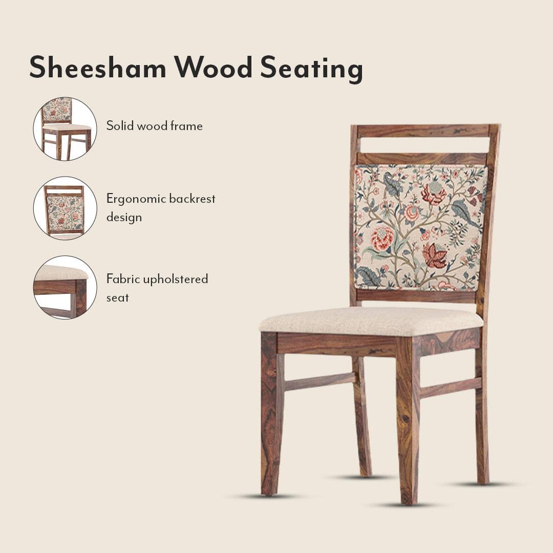 Floyd 6 Seater Glass Top Dining Table With Set Of 6 Alaine Dining Chairs (Colour- Calico Floral Retreat and Pony Beige, Finish- Teak)