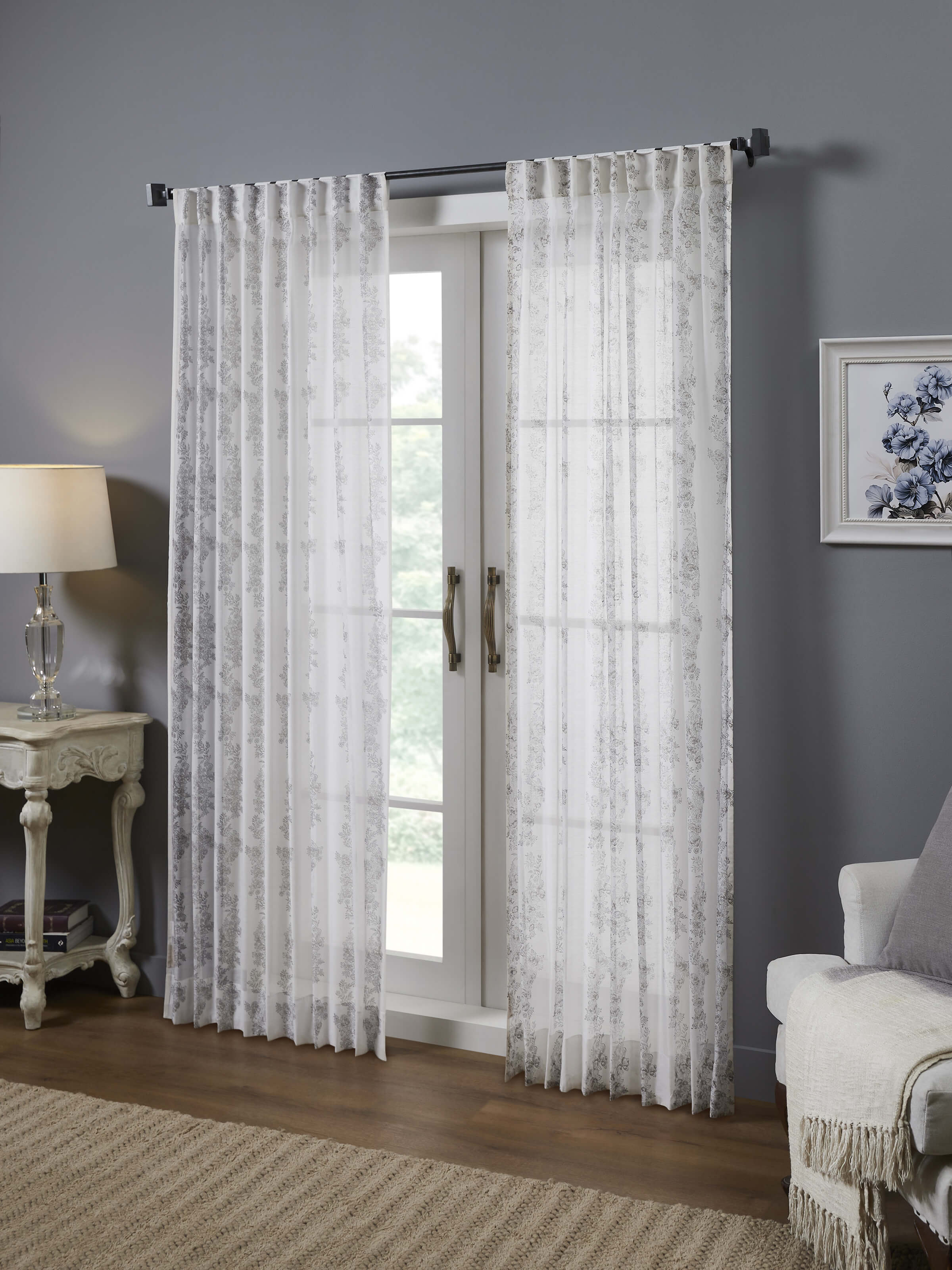 Shivranjini Grey Floral Stripe Cotton Silk Sanganeri Hand Block Printed Curtain (7 Ft)