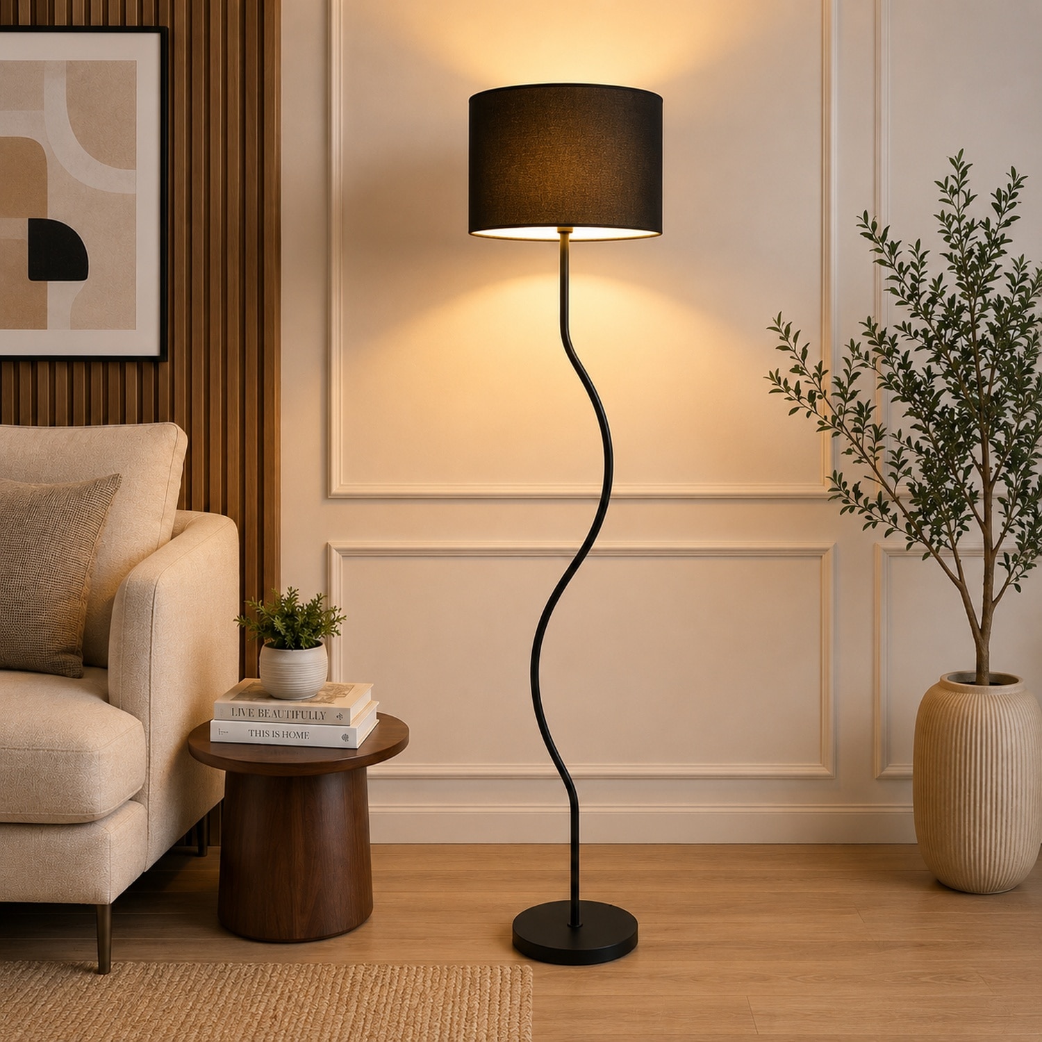 Romy Black Cotton Floor Lamp with Solid Wood - Pristine Interiors
