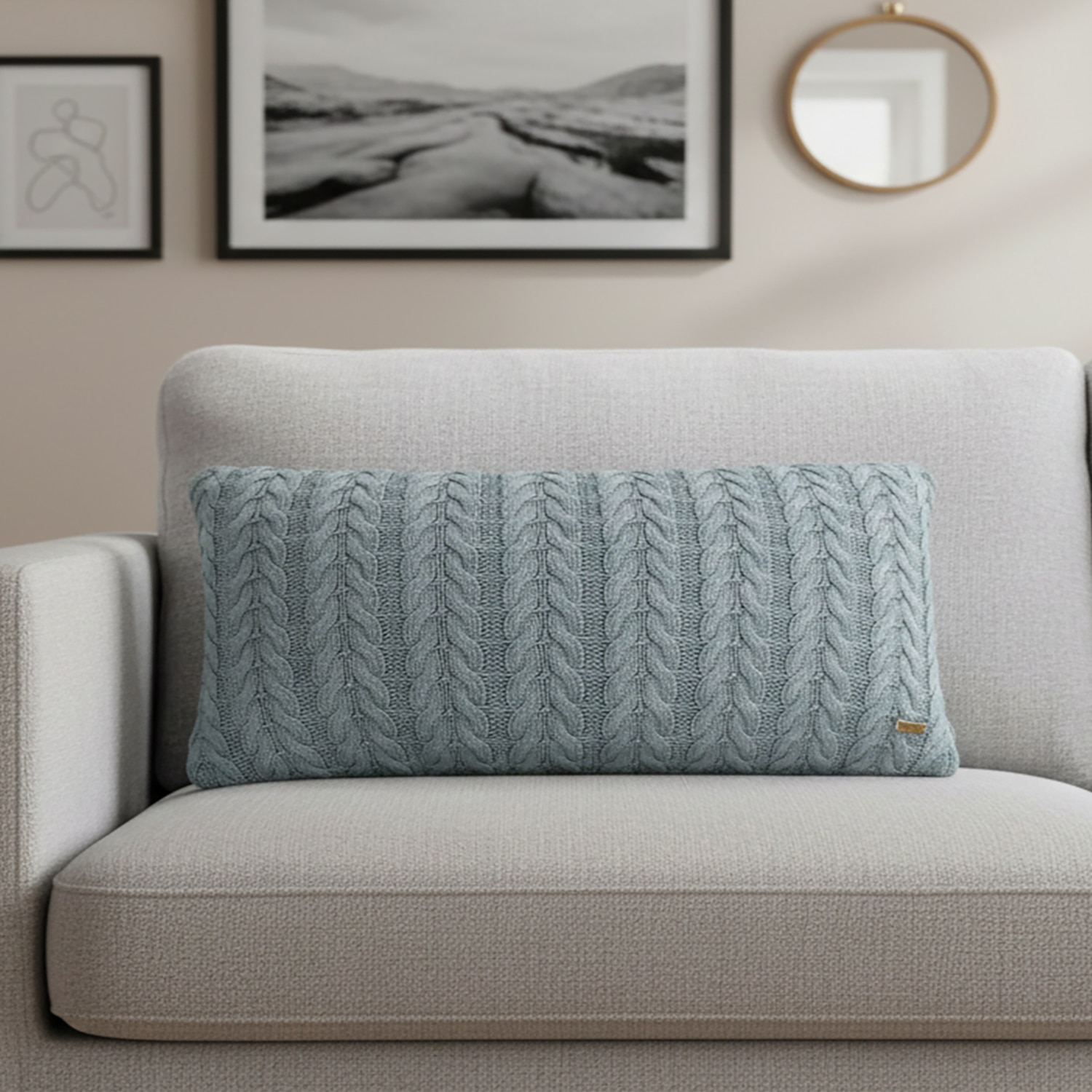 Colette Blue Grey Cotton Knitted Cushion Cover 12X20 Inches