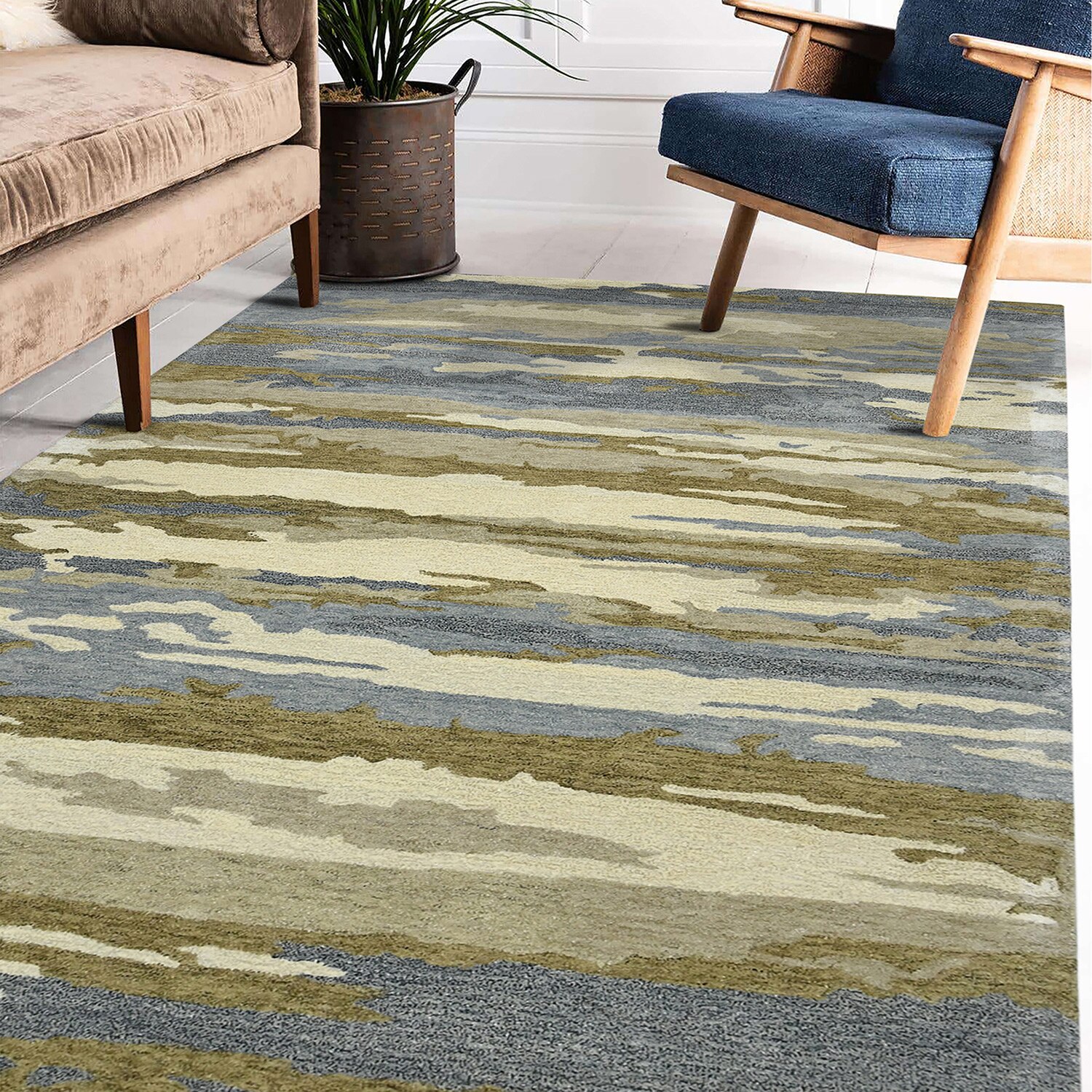 Ziya Water Blue Abstract Hand-Tufted Viscose 5X3 Feet Carpet