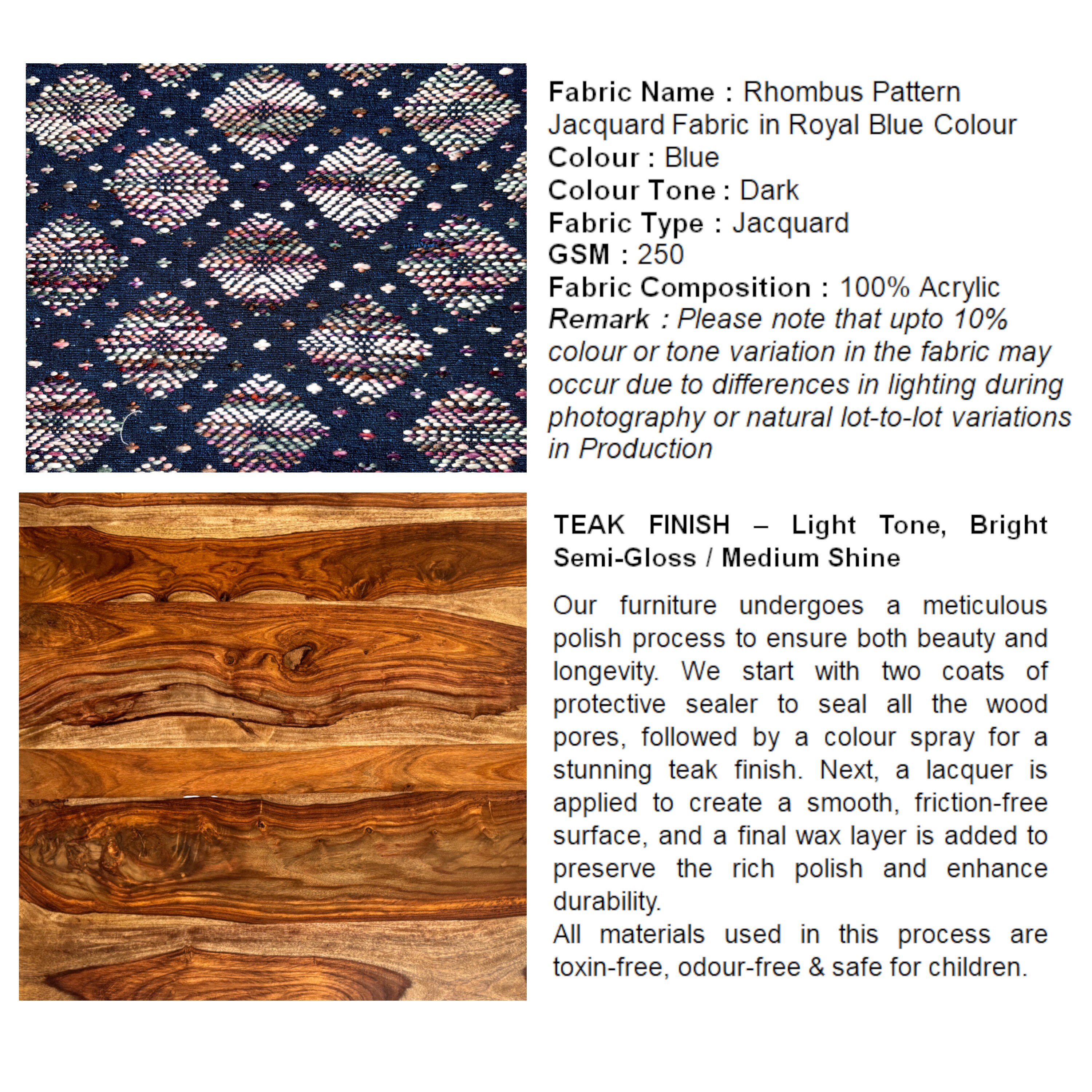 Roswell Sheesham Wood Parisian Round Set of 2 Stools in Blue Jacquard Work Fabric Upholstery