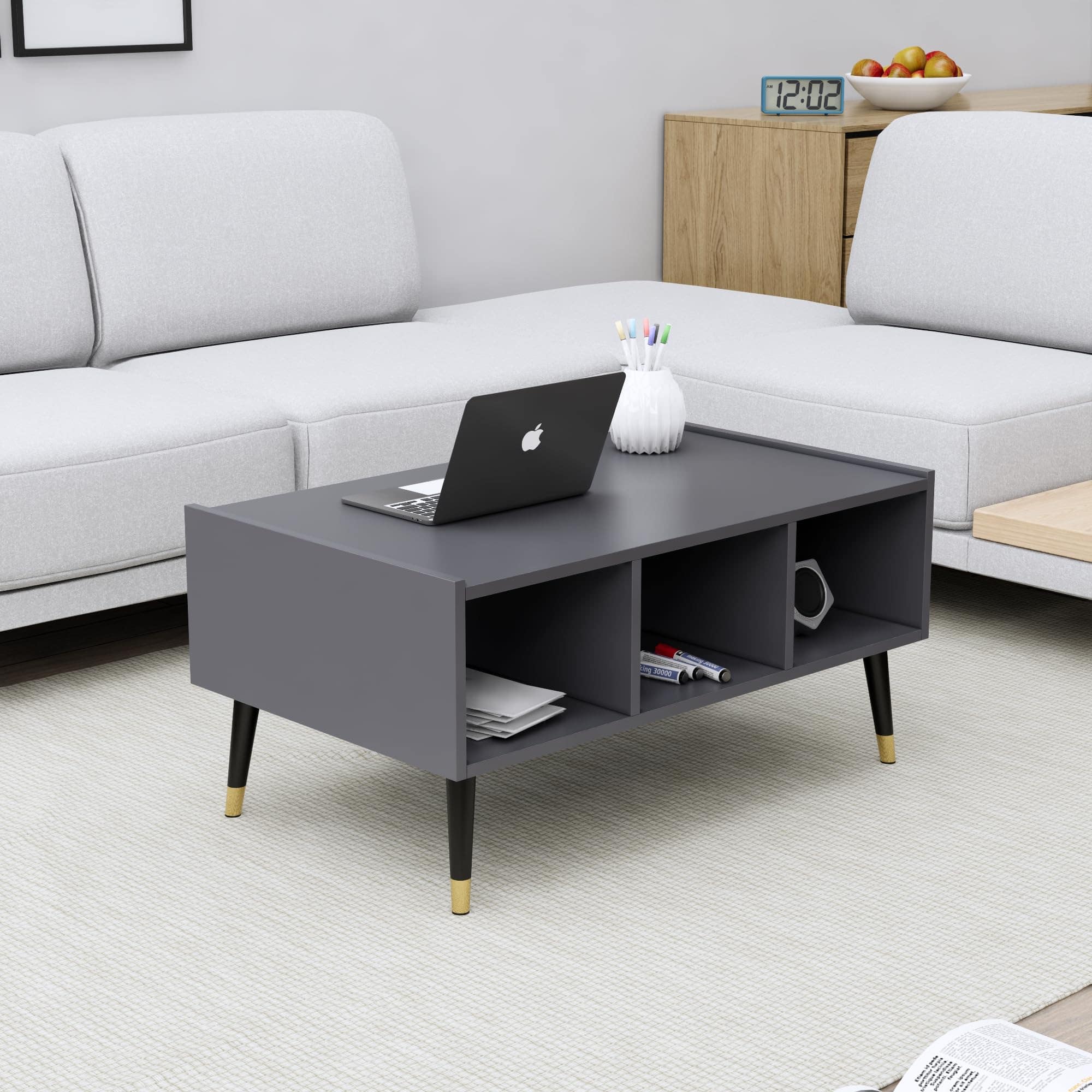 Hexa Engineered Wood Coffee Table With Storage And Open Rack In Slate Grey - HexaRed