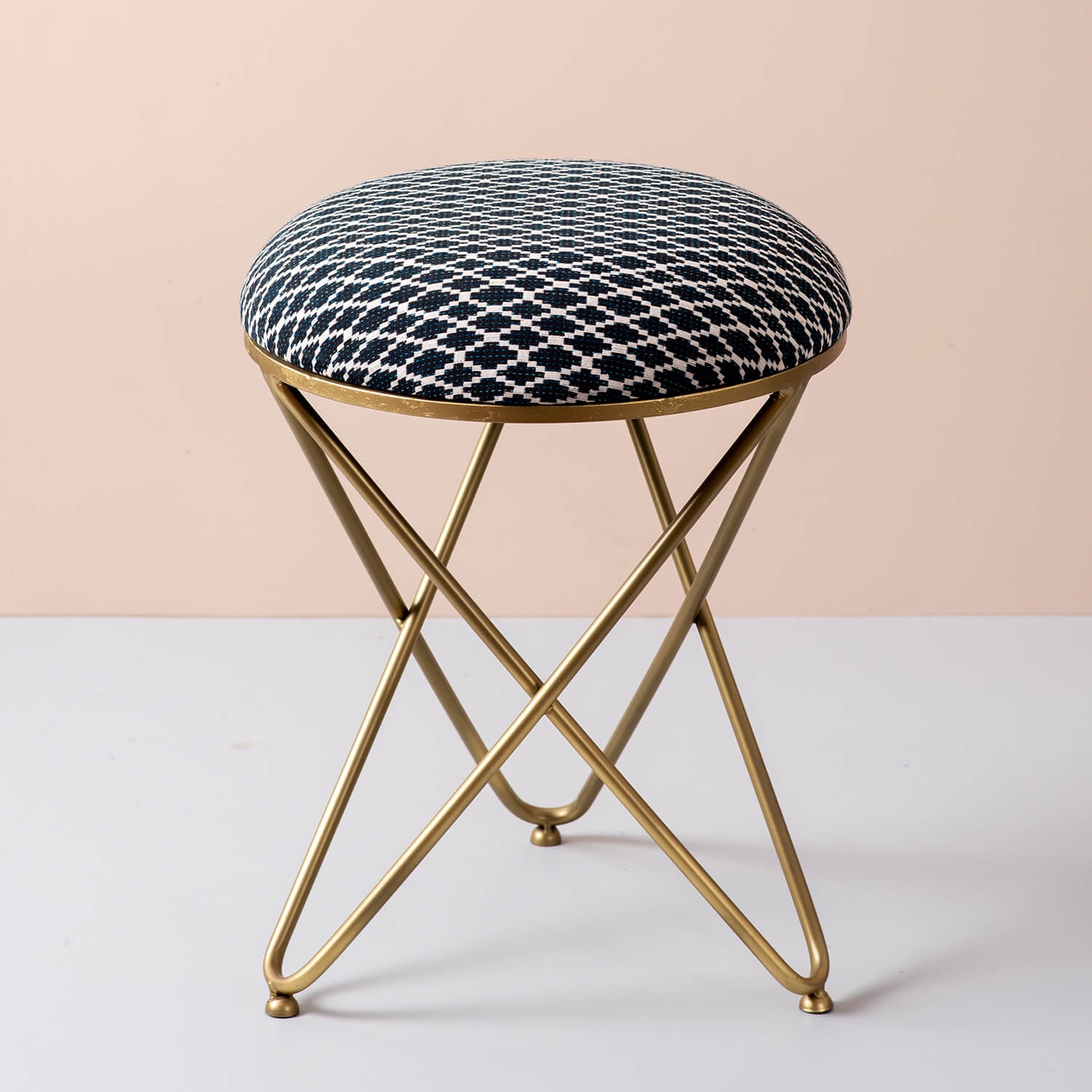 Quad Fabric Cross Metallic Stool in Blue Color - Nestroots