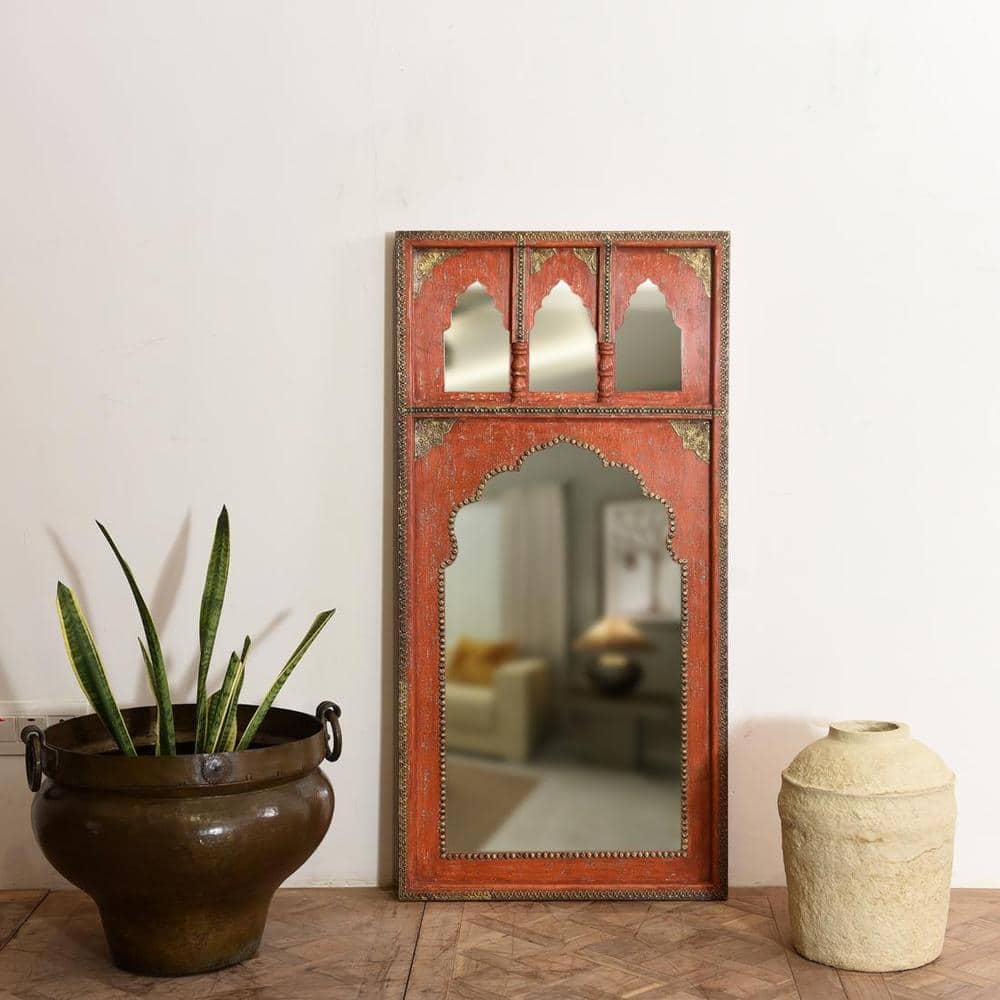 Gyasi Minaret style large wall mirror in white distressed finish with brass work