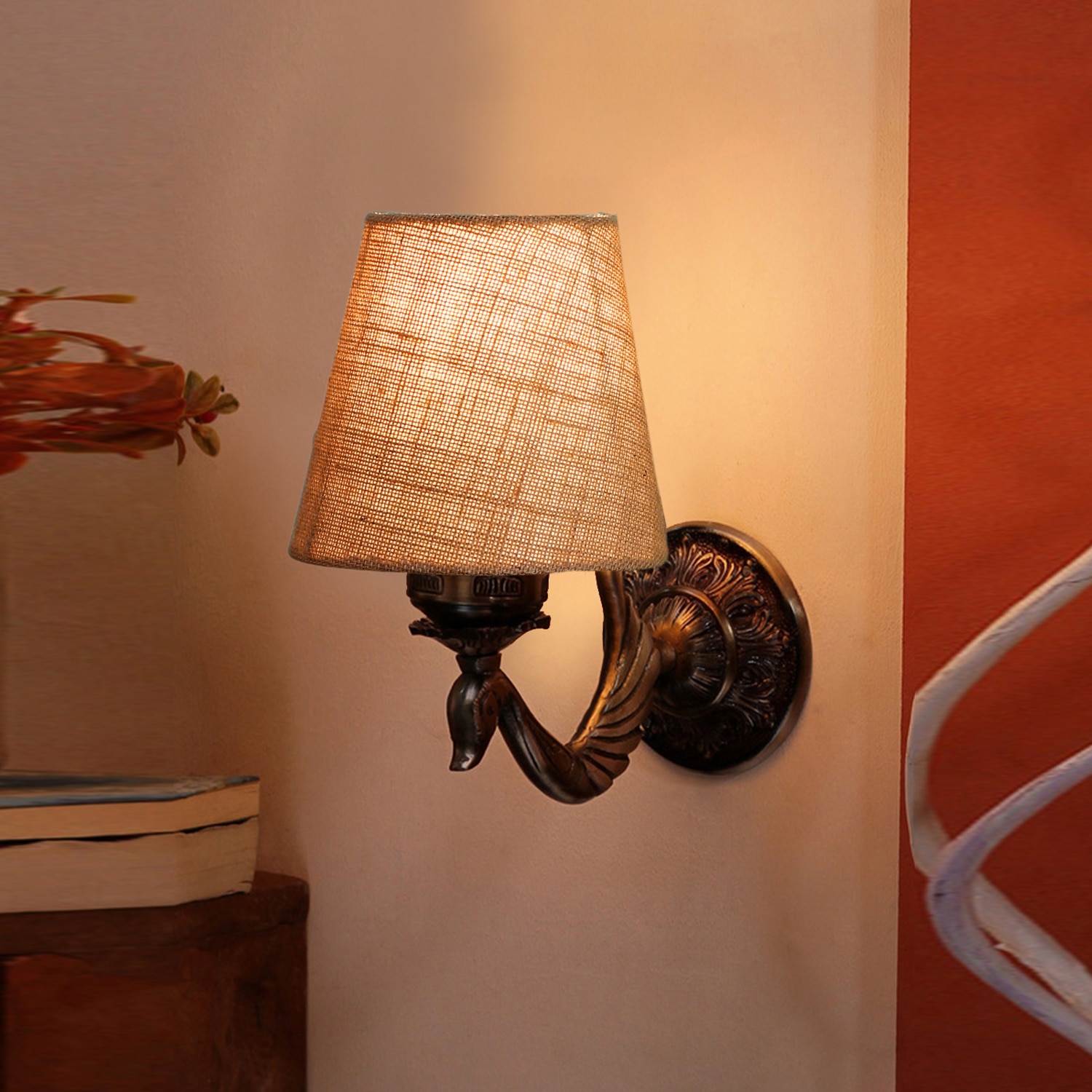 Devansh Metal Electric Wall Light in Antique Gold Colour with Beige Shade Count of 1 Light - Devansh