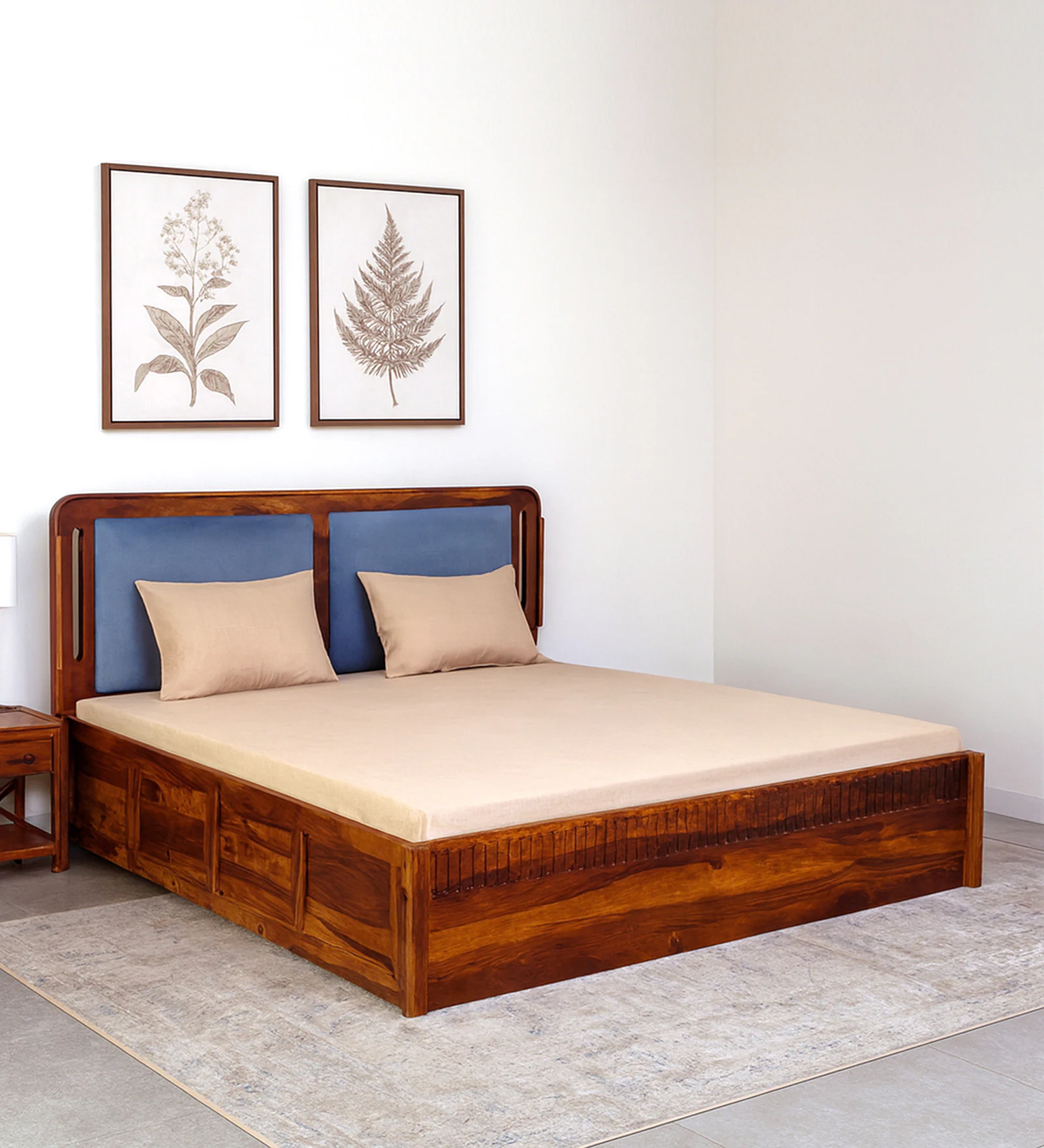 Lotus Solid Wood King  Size Upholstered Bed With Box Storage (Honey Oak Finish)