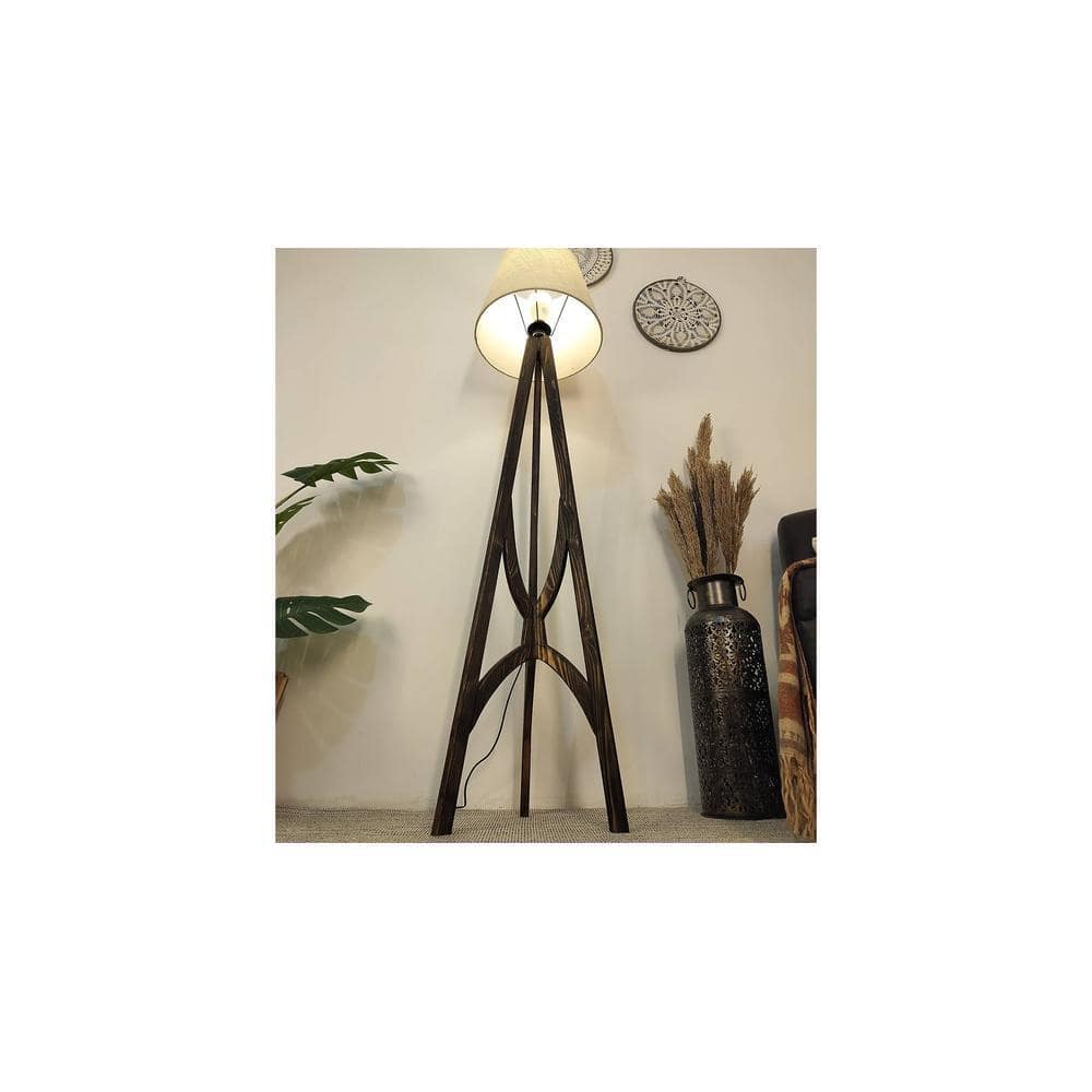 Julius Wooden Floor Lamp with Brown Base and Jute Fabric Lampshade