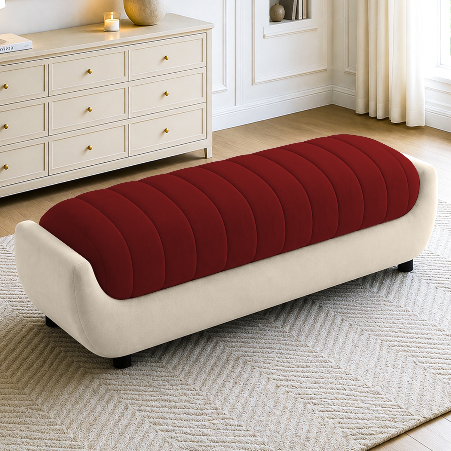 Marko Velvet 2 Seater 4 Feet Ottoman Bench in Maroon & Cream  Color - Home Lifestylez