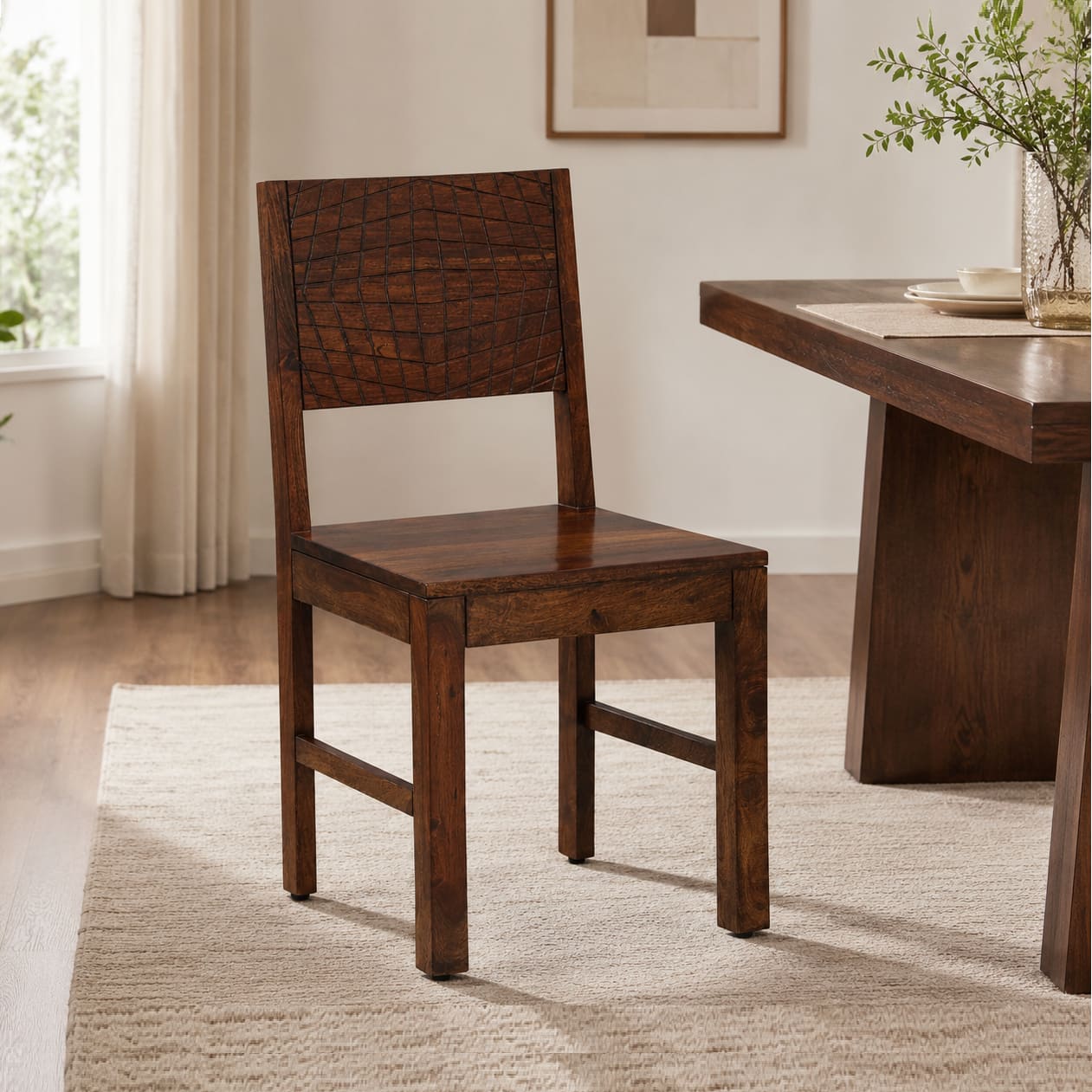 Noguchi Sheesham Wood Dining Chairs in Scratch Resistant Provincial Teak Finish Set of 2 - Woodenmood