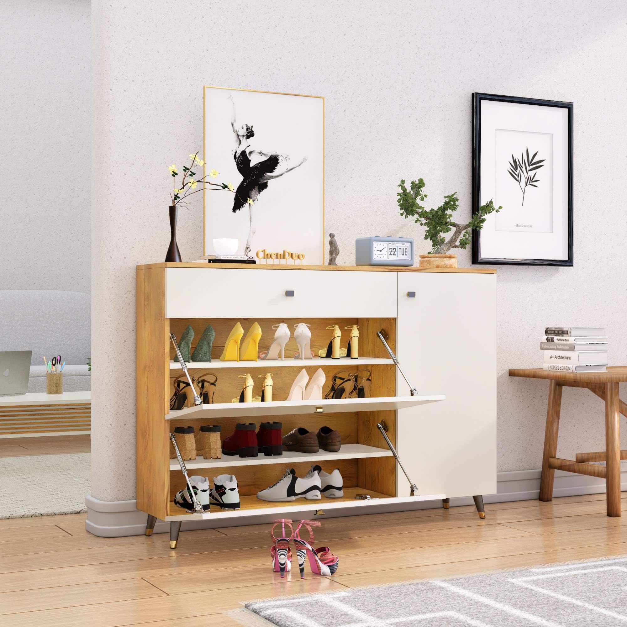 Hexa Red Engineered Wood Shoe Rack in Giant Wood and Frosty White Colour - HexaRed