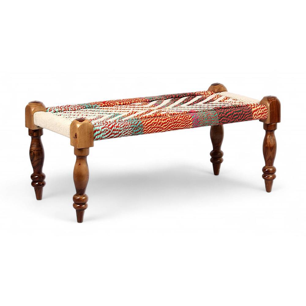 Oakville Sheesham Wood 2 Seater Maachi Bench In Assorted Multi-Colour Chindi & White Rope Canning