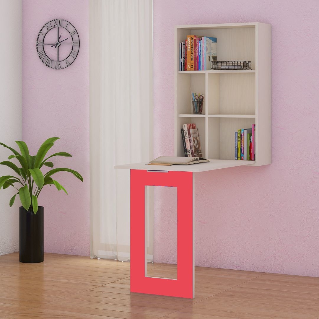 Calypso Kids Wall Mounted Folding Study Desk and Built In Bookshelf in Light Wood Strawberry Pink Colour