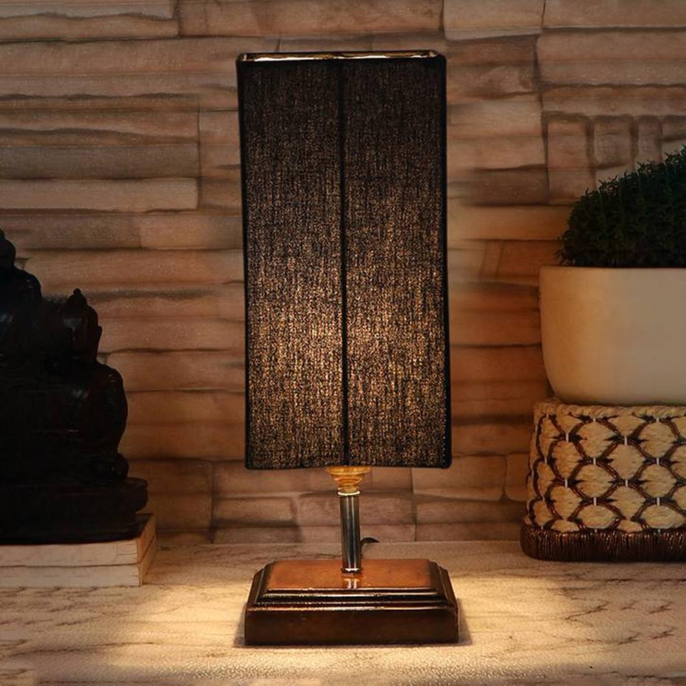Ellery Black cotton table lamp with Square Brown Wood Base