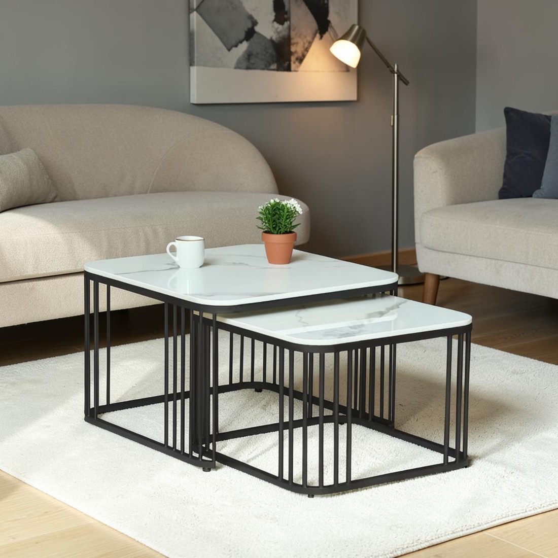 Velt Square Metal Nesting Coffee Table Set Black Finish White Porcelain Top Set Of 2 - Bhavya Exports