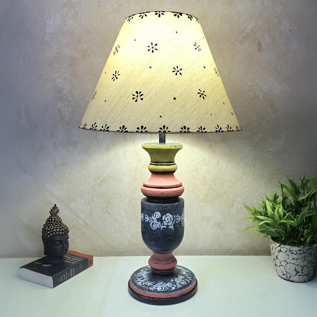 Pillar Dotted Pink Stone Wooden Table Lamp in Multicolor