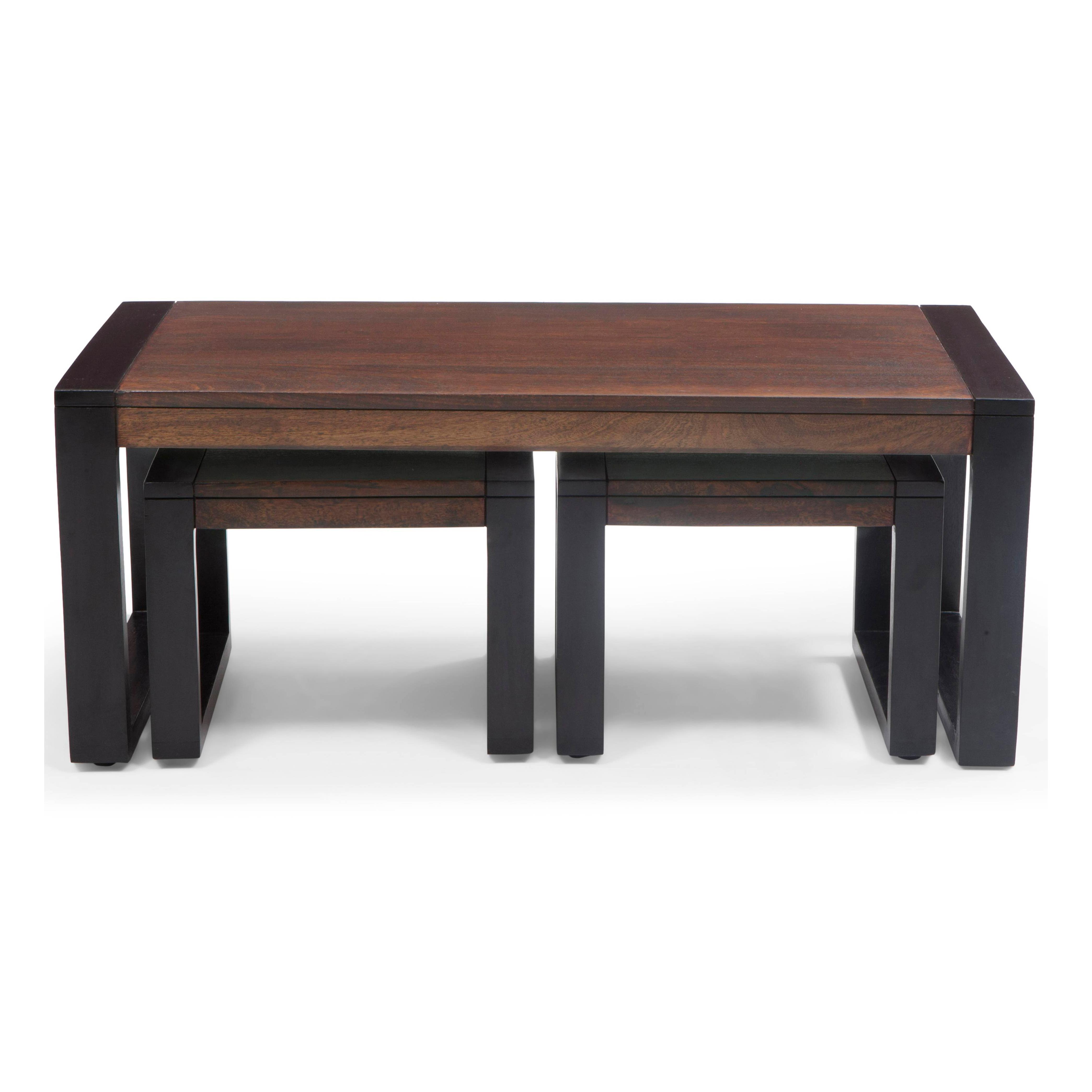 Altura Rectangular Solid Wood Coffee Table With Nested Stools In Two Tone Finish