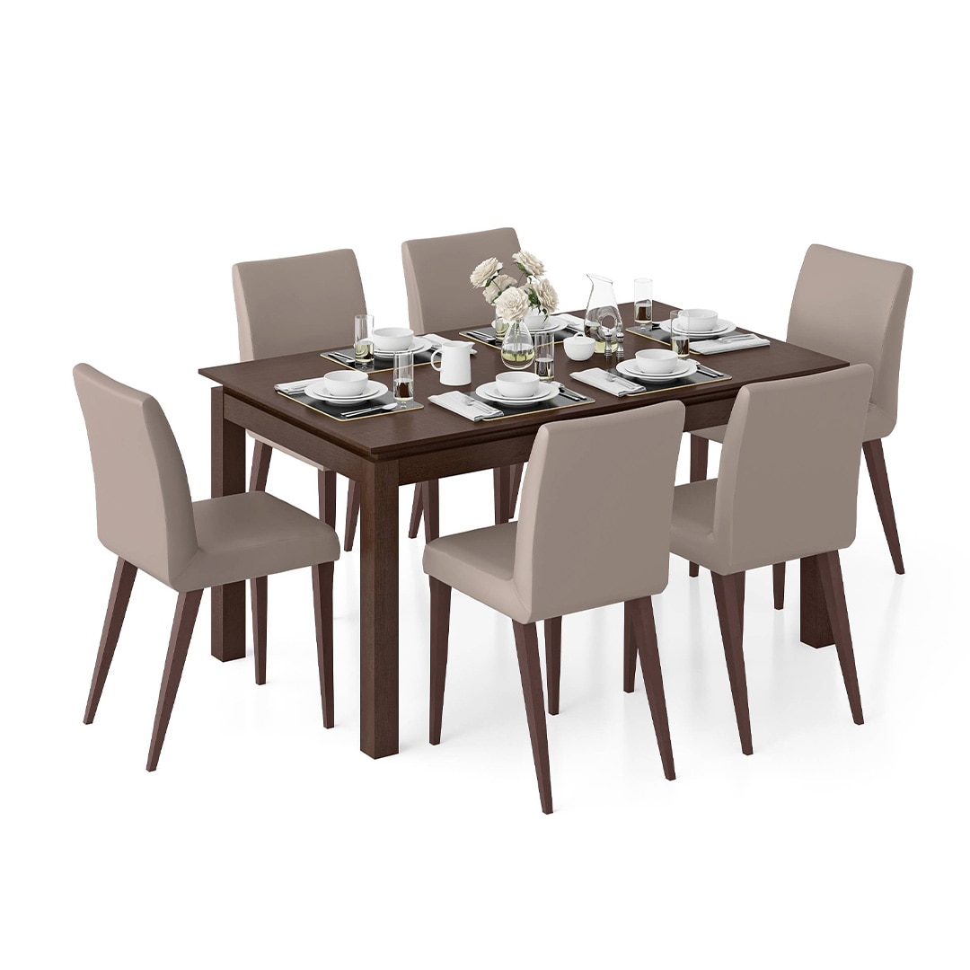 Diner Solid Wood 6 Seater Dining Table With Set Of 6 Persica Chairs Finish- Dark Walnut