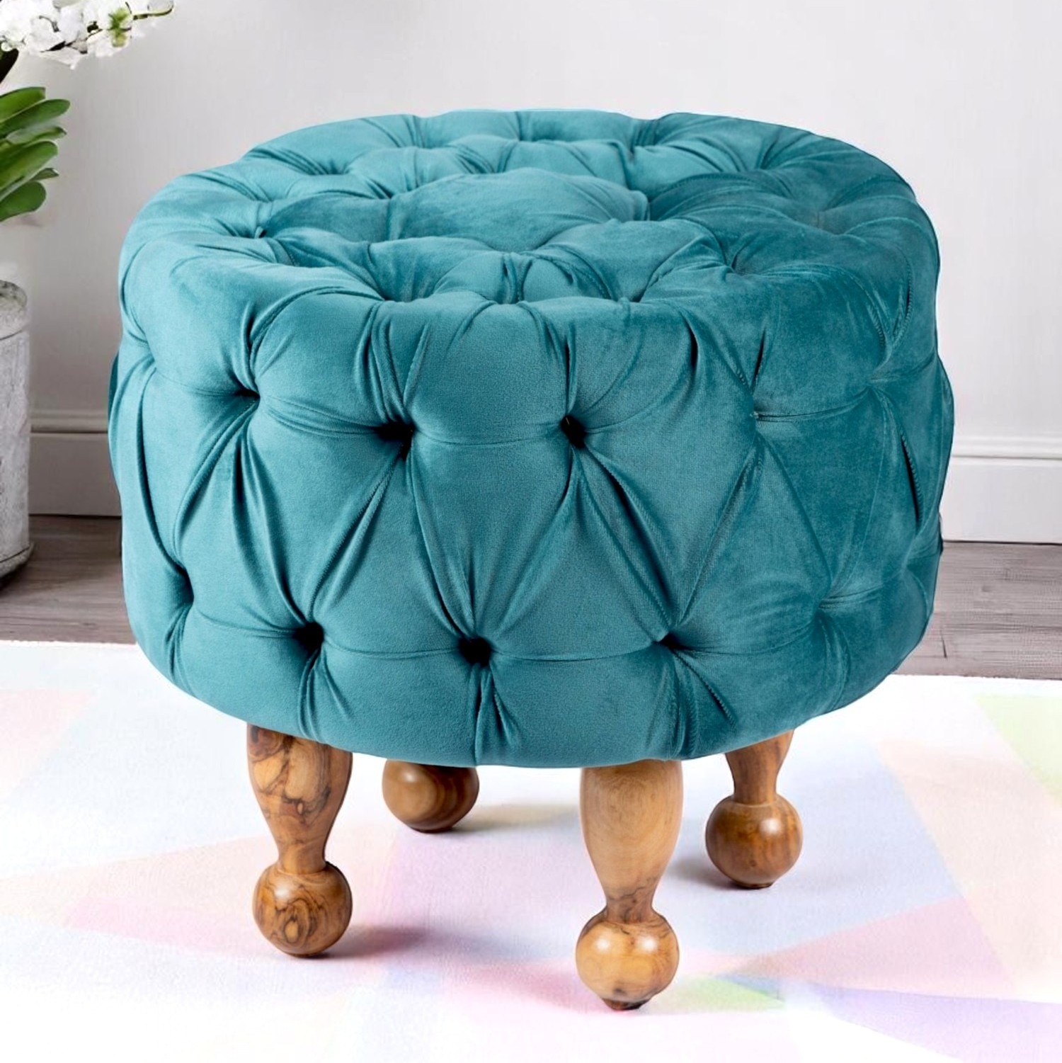 Louisville Acacia Wood Accent Round Pouf Stool in Turquoise