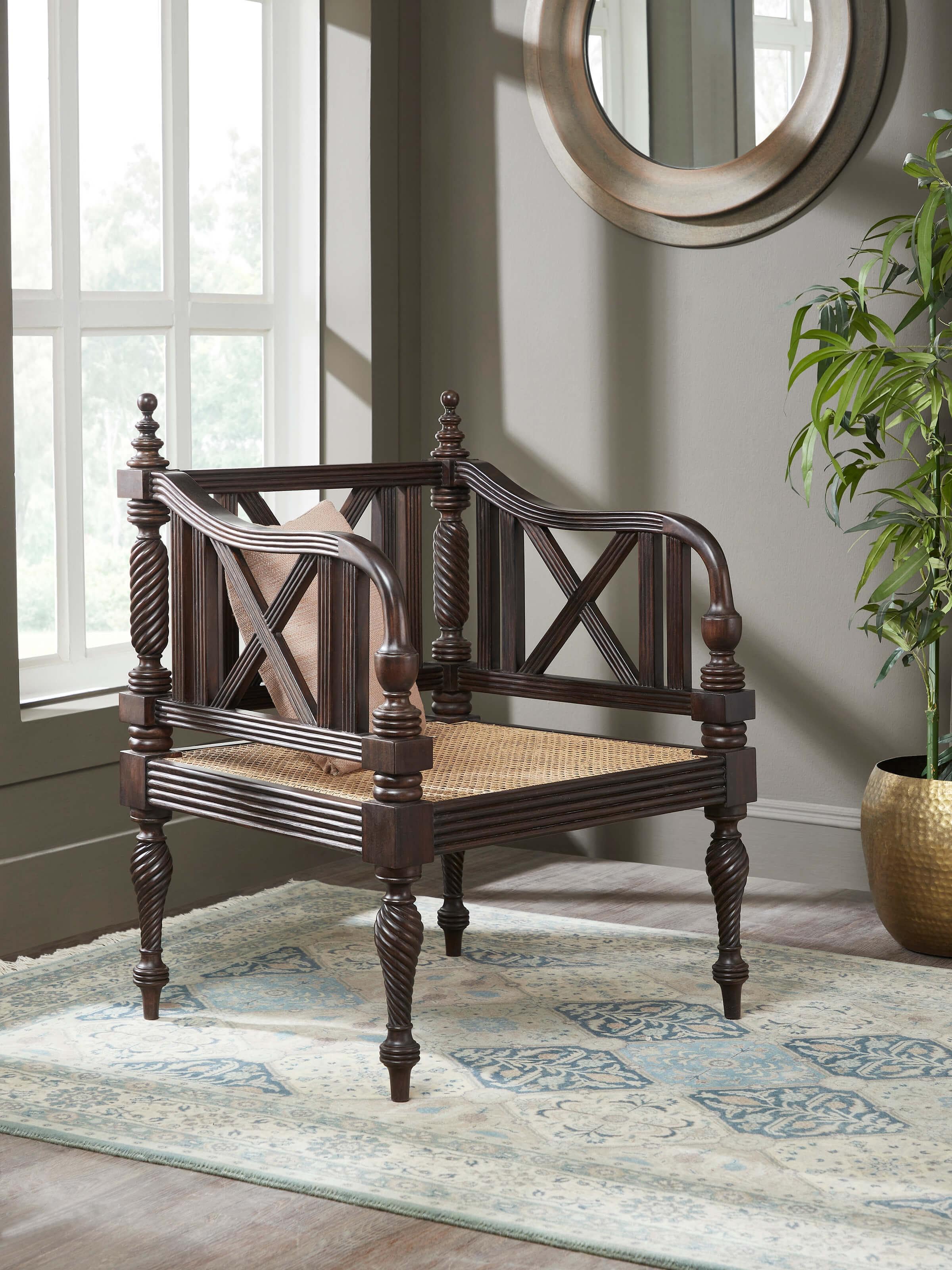 Walnut Finish Mahagony Wood & Cane 1-Seater Sofa